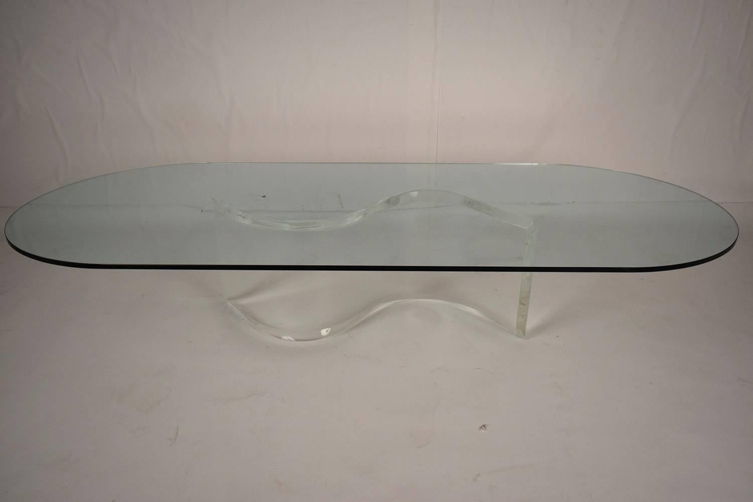 Modern Vintage Glass Coffee Table with Lucite S-Shape Base