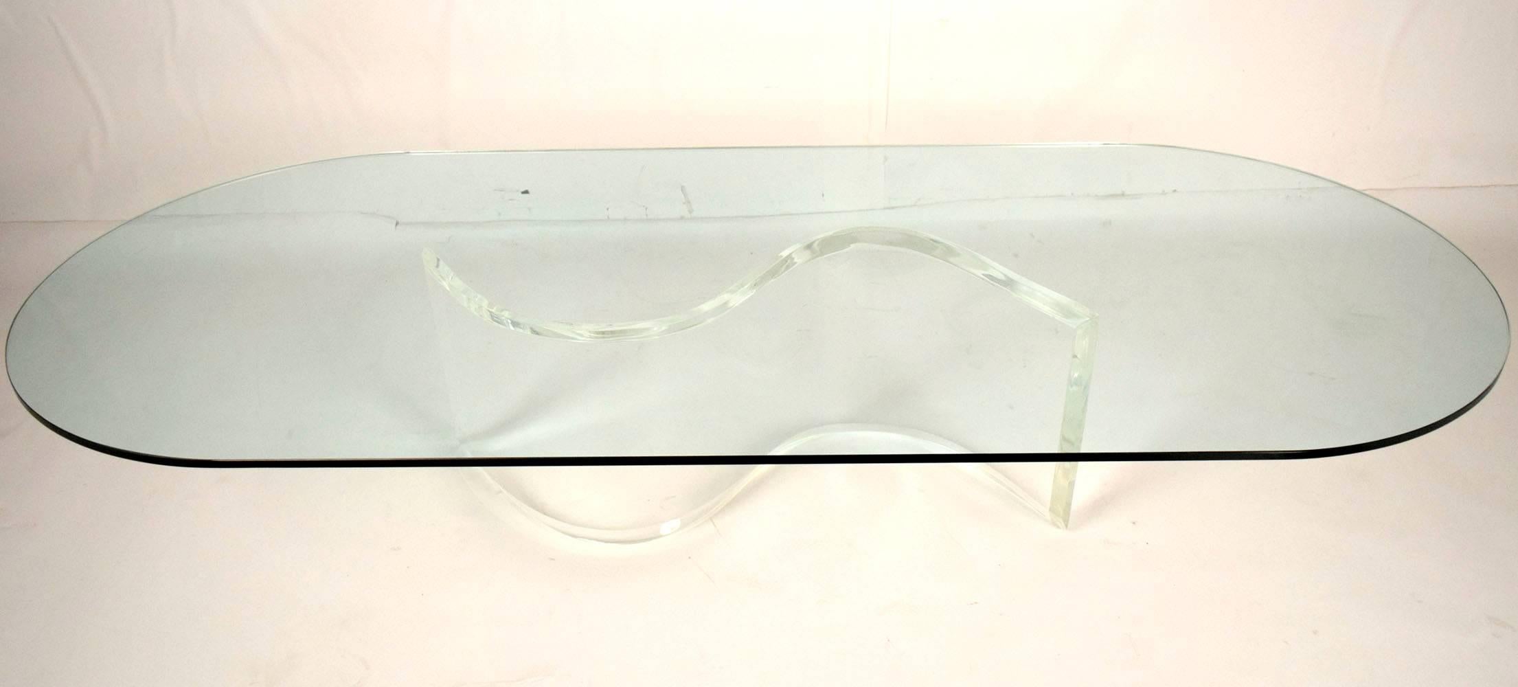 American Vintage Glass Coffee Table with Lucite S-Shape Base
