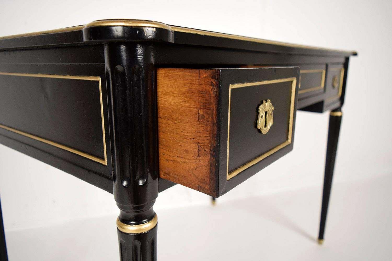 Brass French Late 19th Century Ebonized Louis XVI Writing Desk with Leather Top