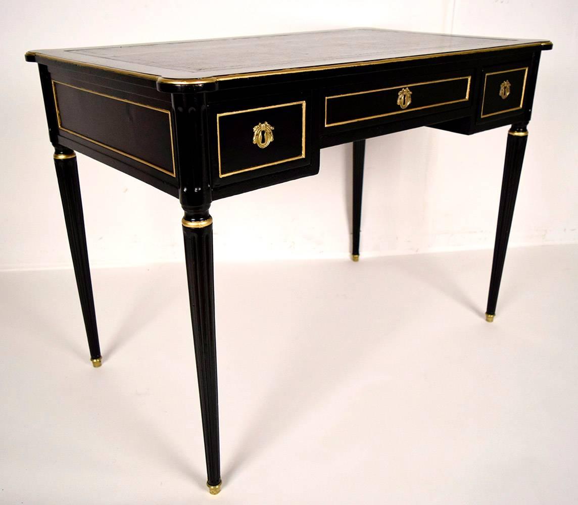 Embossed French Late 19th Century Ebonized Louis XVI Writing Desk with Leather Top
