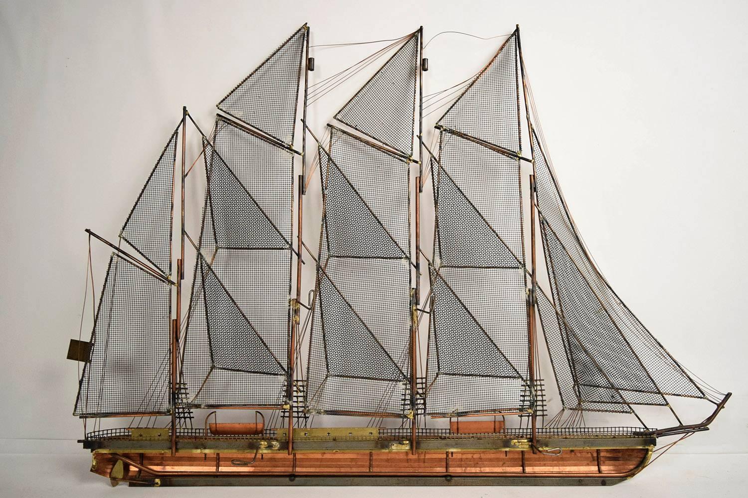 This is a beautiful 1970-1975 Curtis Jere sailboat wall sculpture. Amazing detail and craftsmanship and signed by C Jere. Sailboat is ready to be hung on a wall or displayed.