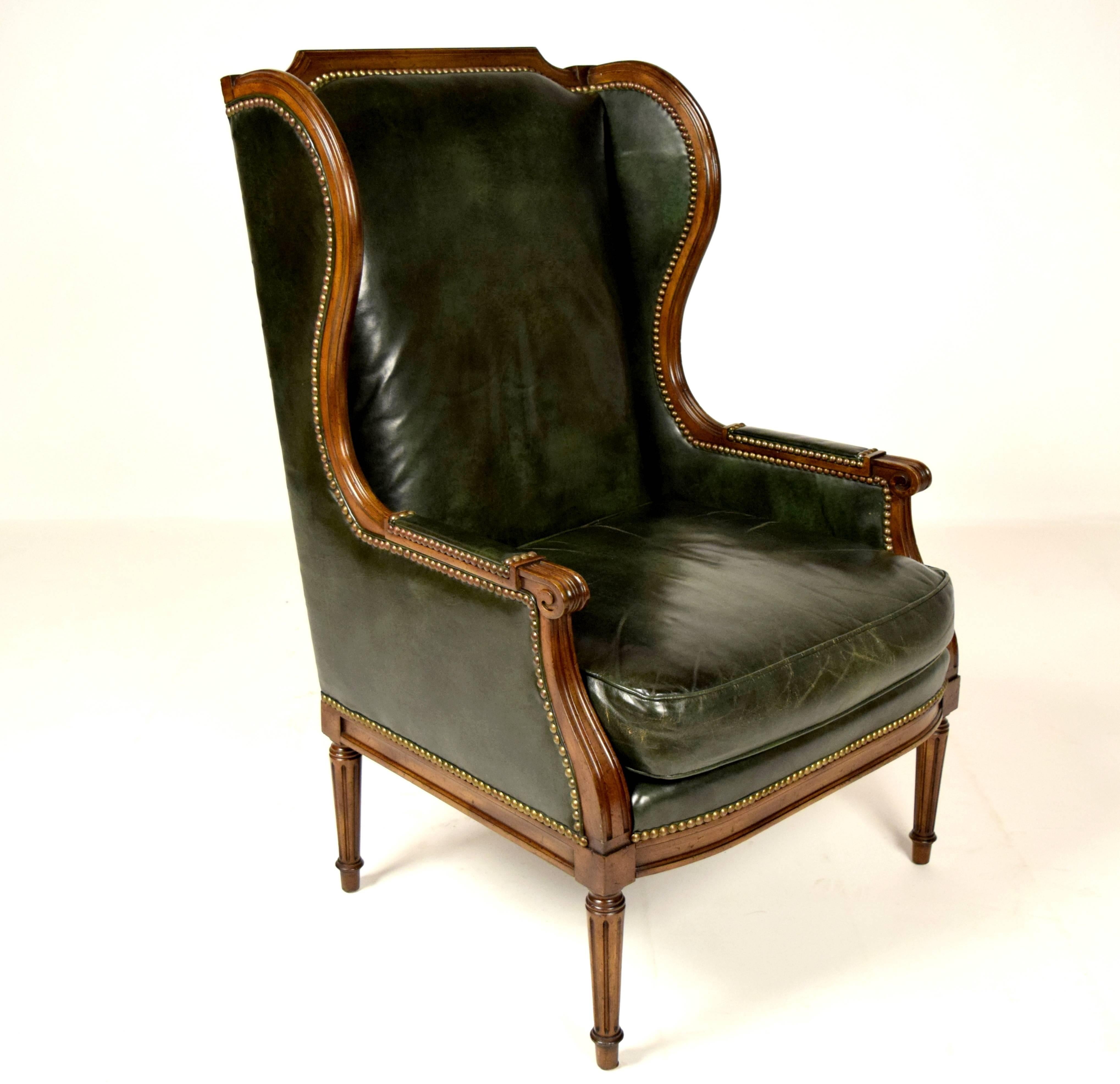 Louis XVI Vintage Hickory Leather Wingback Chair