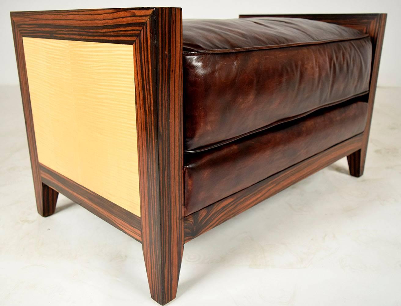 Modern Leather Bench with Brazilian Wood Frame In Excellent Condition In Los Angeles, CA