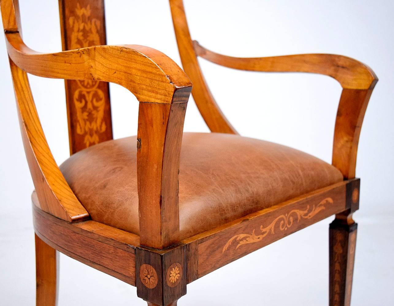 Carved Antique English Marquetry Regency-Style Armchair