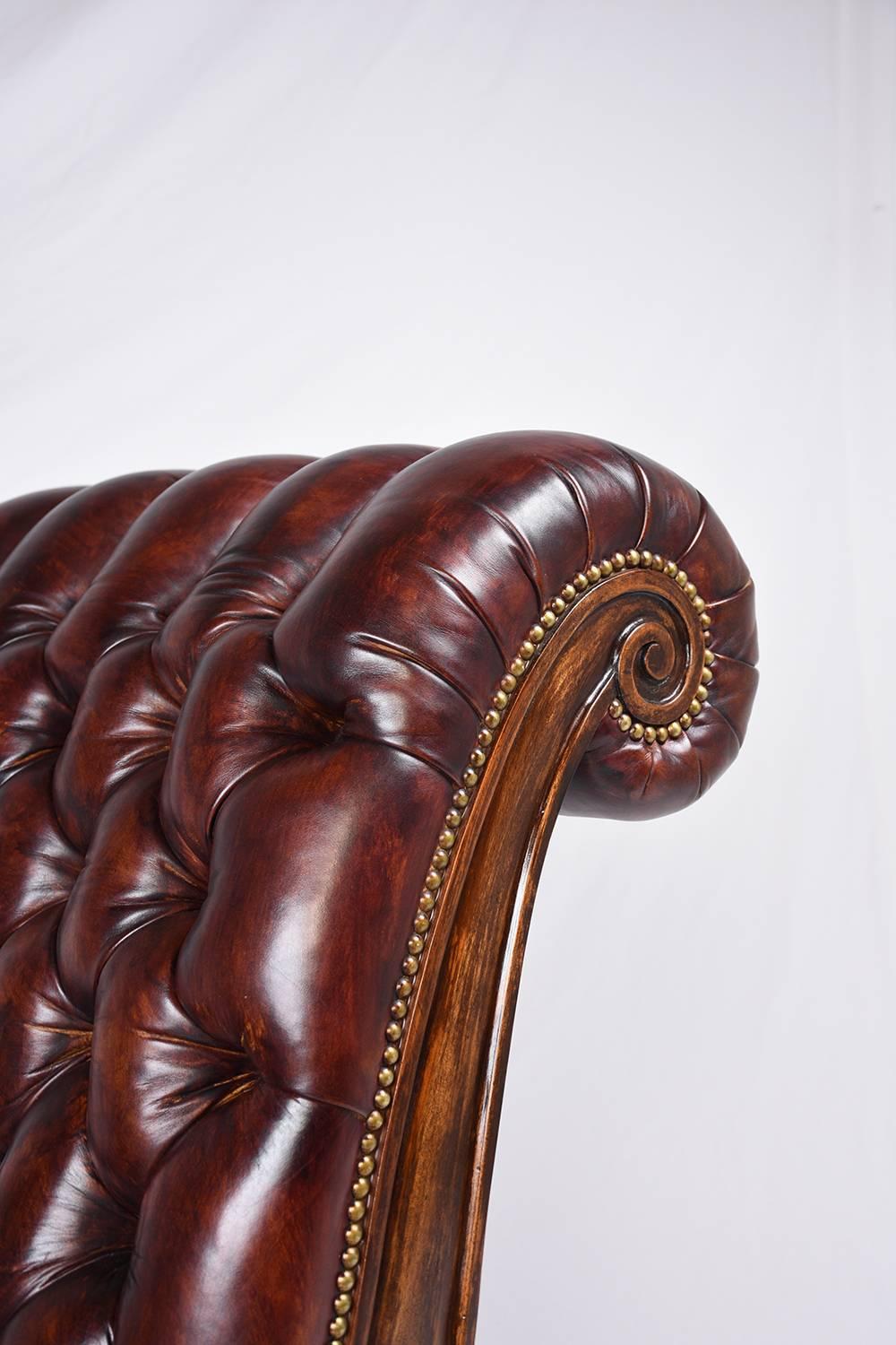 Carved Chesterfield Tufted Leather Chaise Lounge