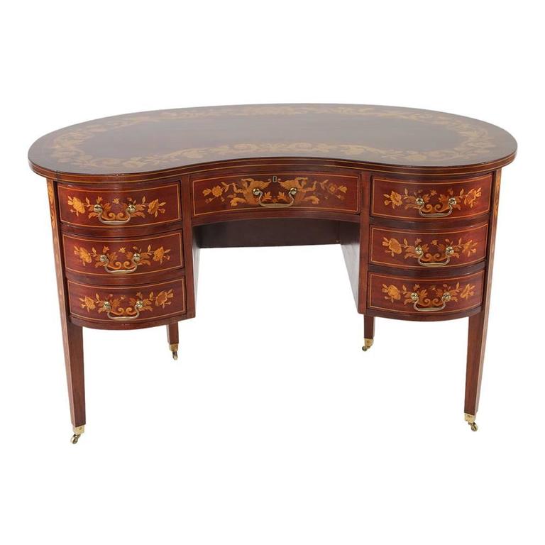 Antique English Inlaid Kidney Desk At 1stdibs