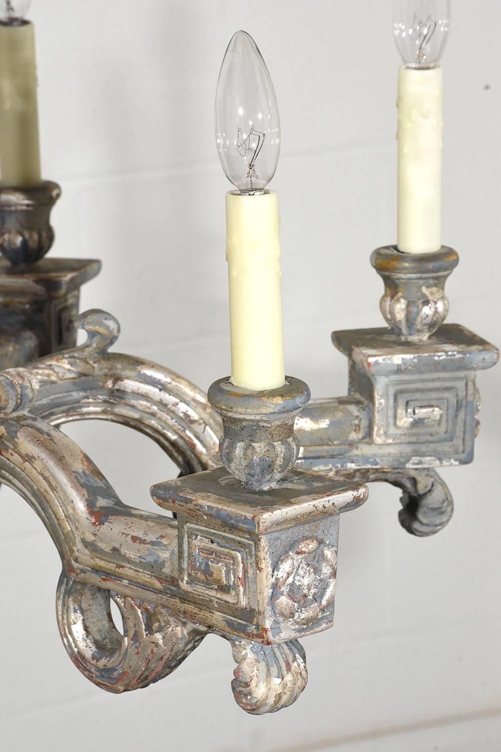 20th Century Pair of Six-Light Italian Neoclassical-Style Silver Leaf Carved Wood Chandeliers