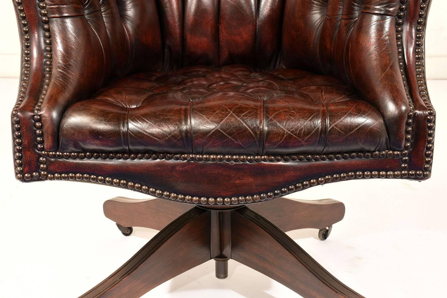 Brass Regency-Style Tufted Leather Office Chair