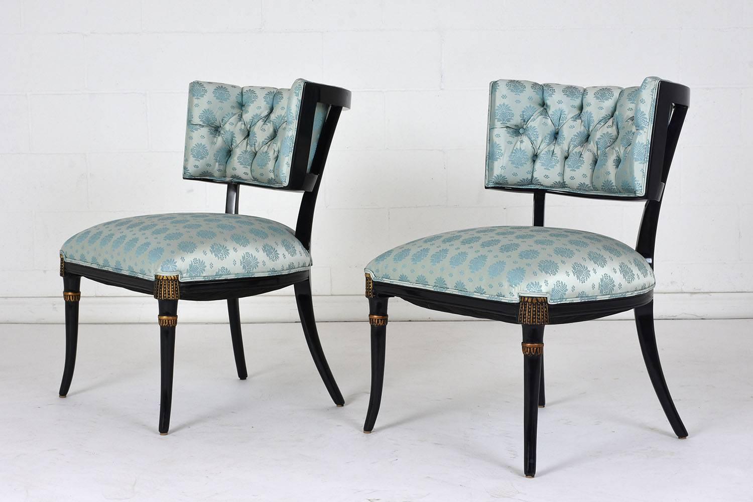 Carved Pair of Midcentury Regency-Style Ebonized Lounge Chairs
