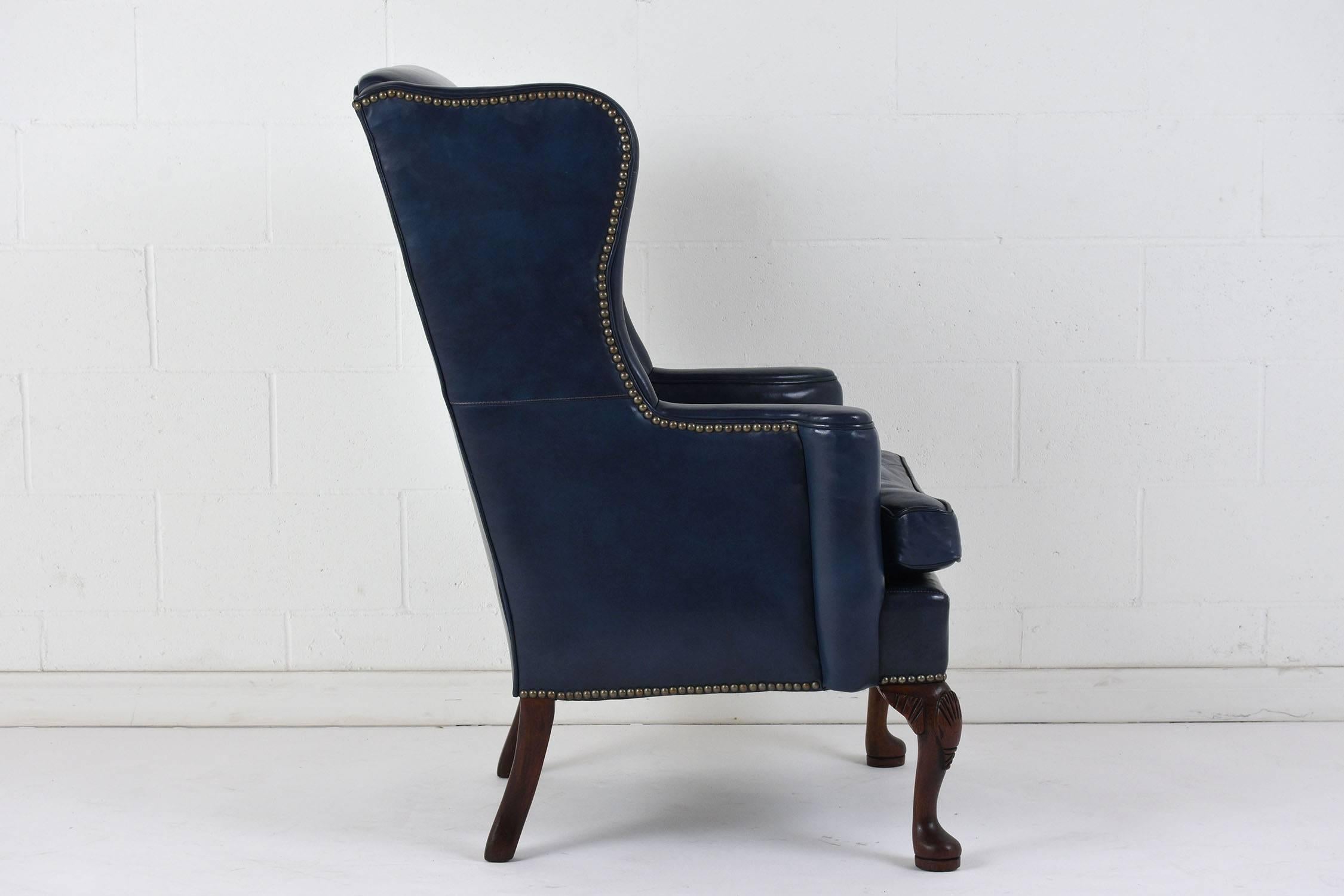 Carved Regency-Style Wingback Leather Chair