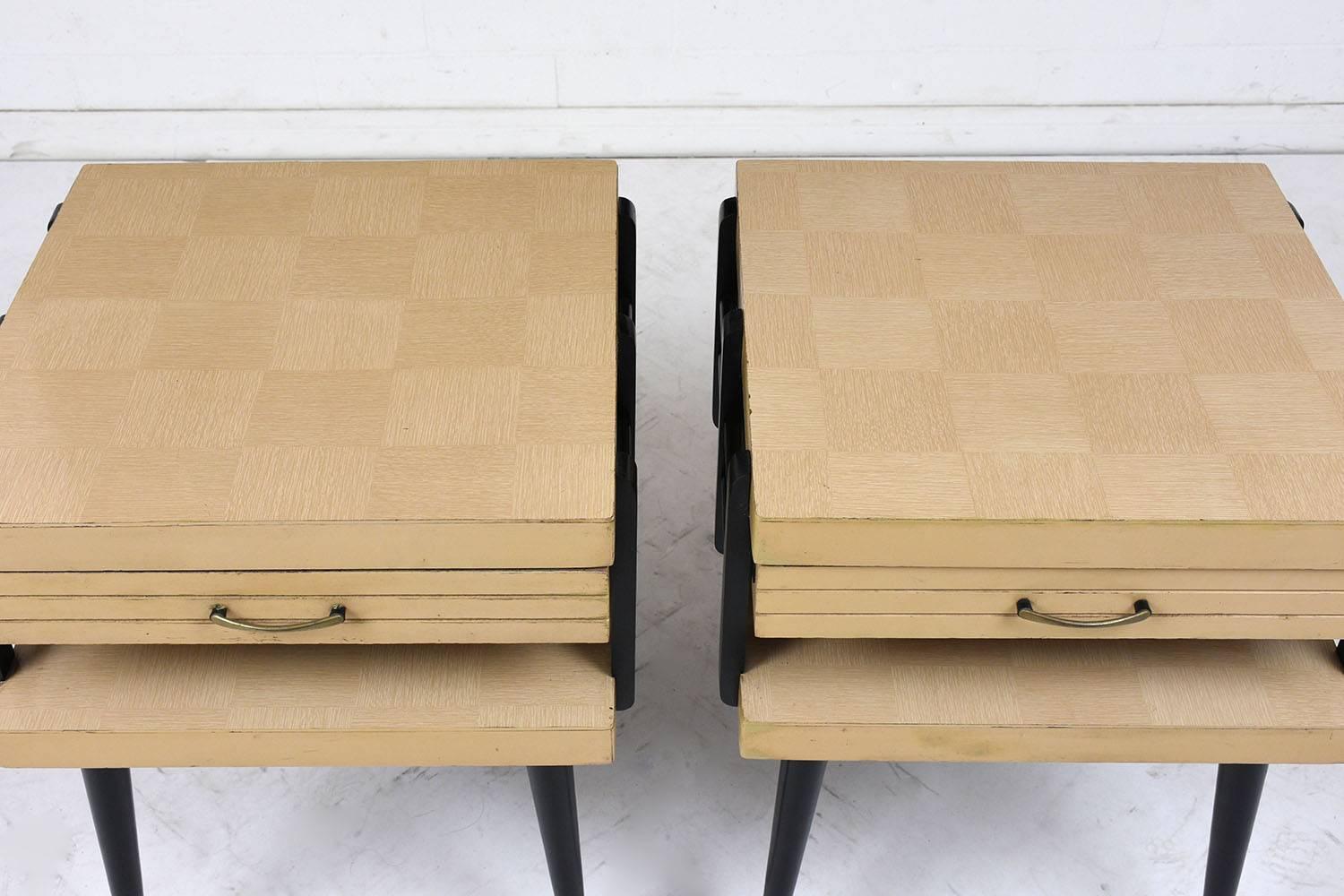 Carved Modern Pair of Open Shelf Nightstands