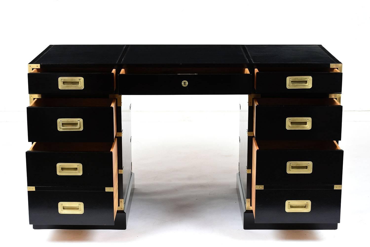 Brass Midcentury Campaign-Style Mahogany Desk