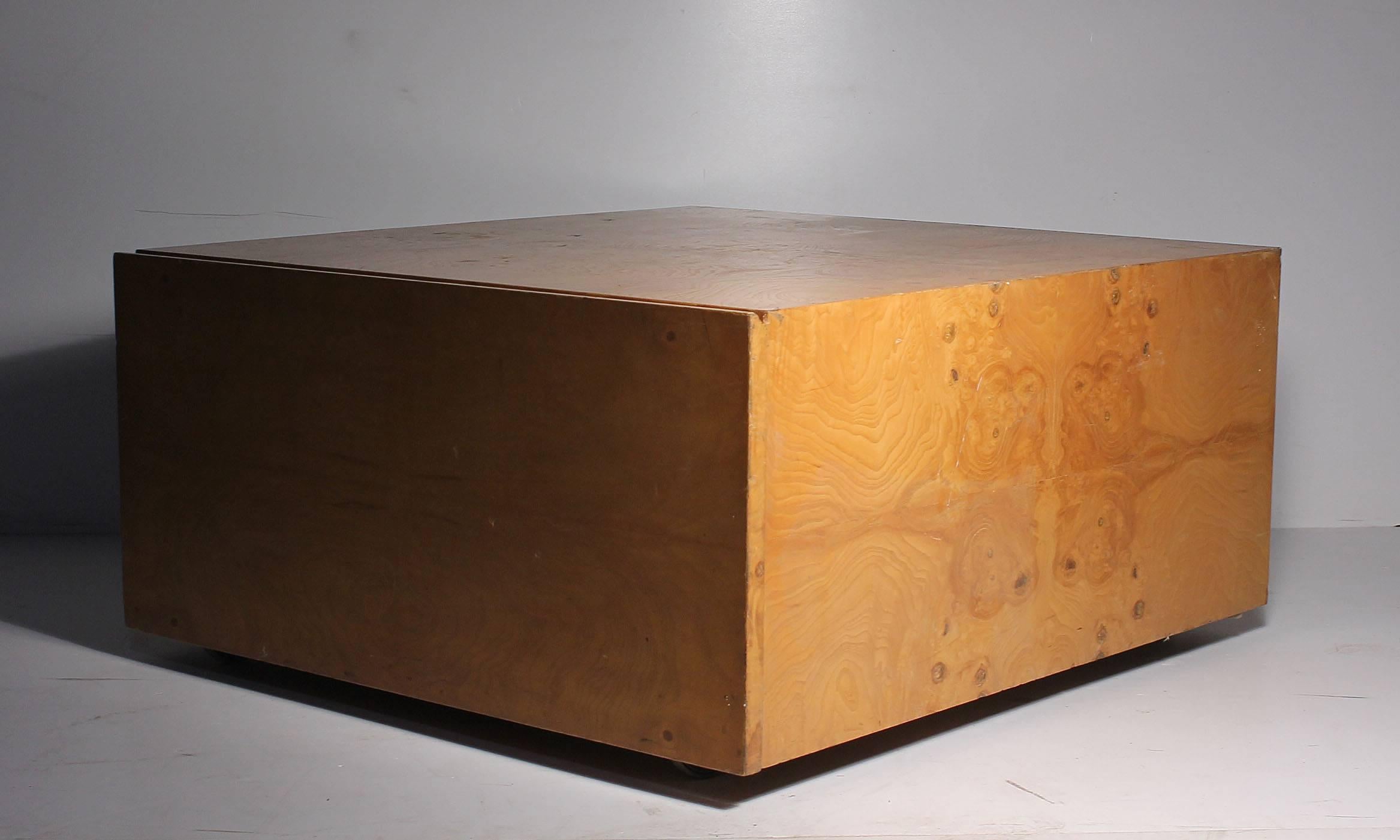 Mid-Century Modern Floating Milo Baughman Burl Wood Coffee Table on Castors with Large Drawer / End