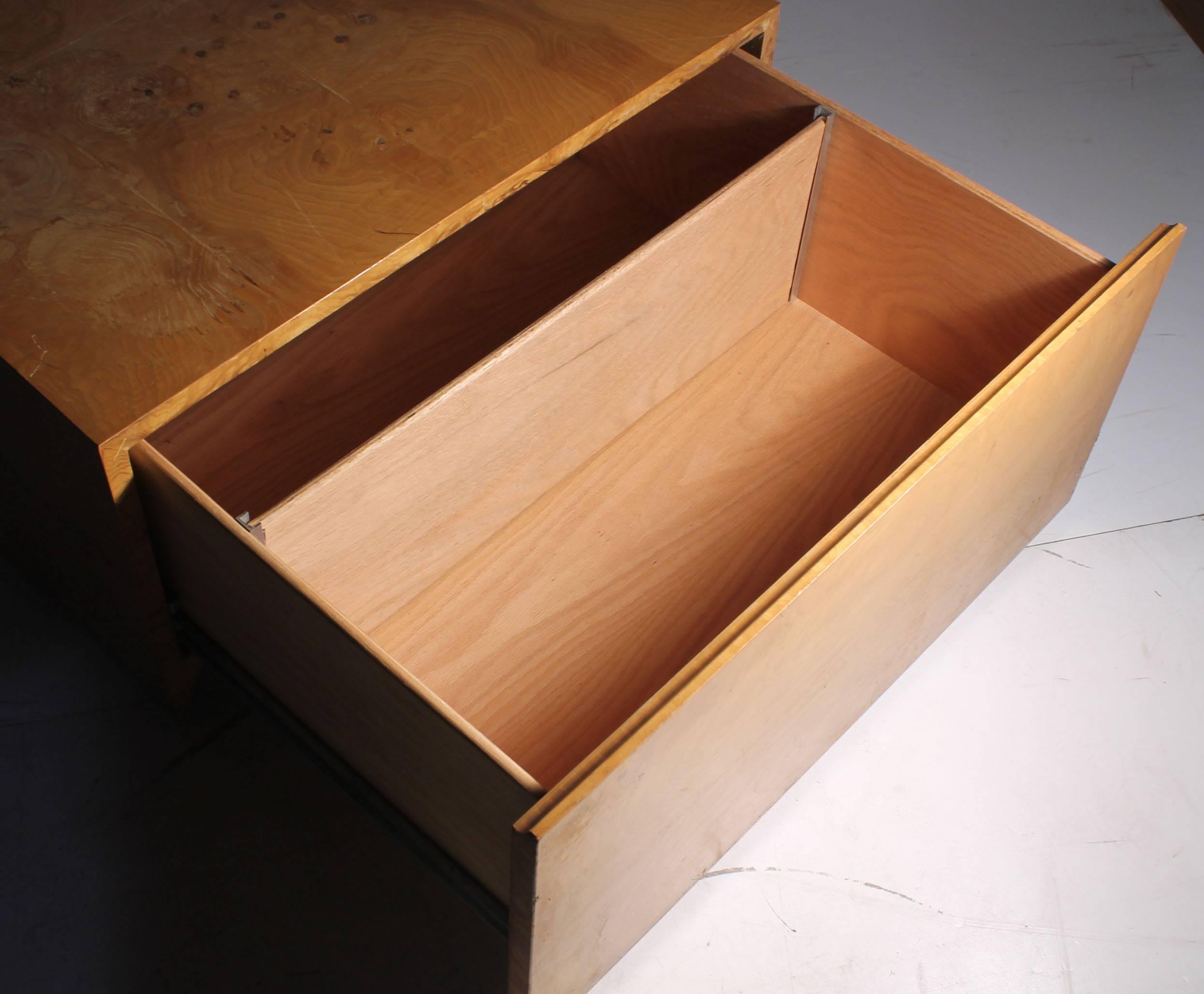 Floating Milo Baughman Burl Wood Coffee Table on Castors with Large Drawer / End In Good Condition In Chicago, IL