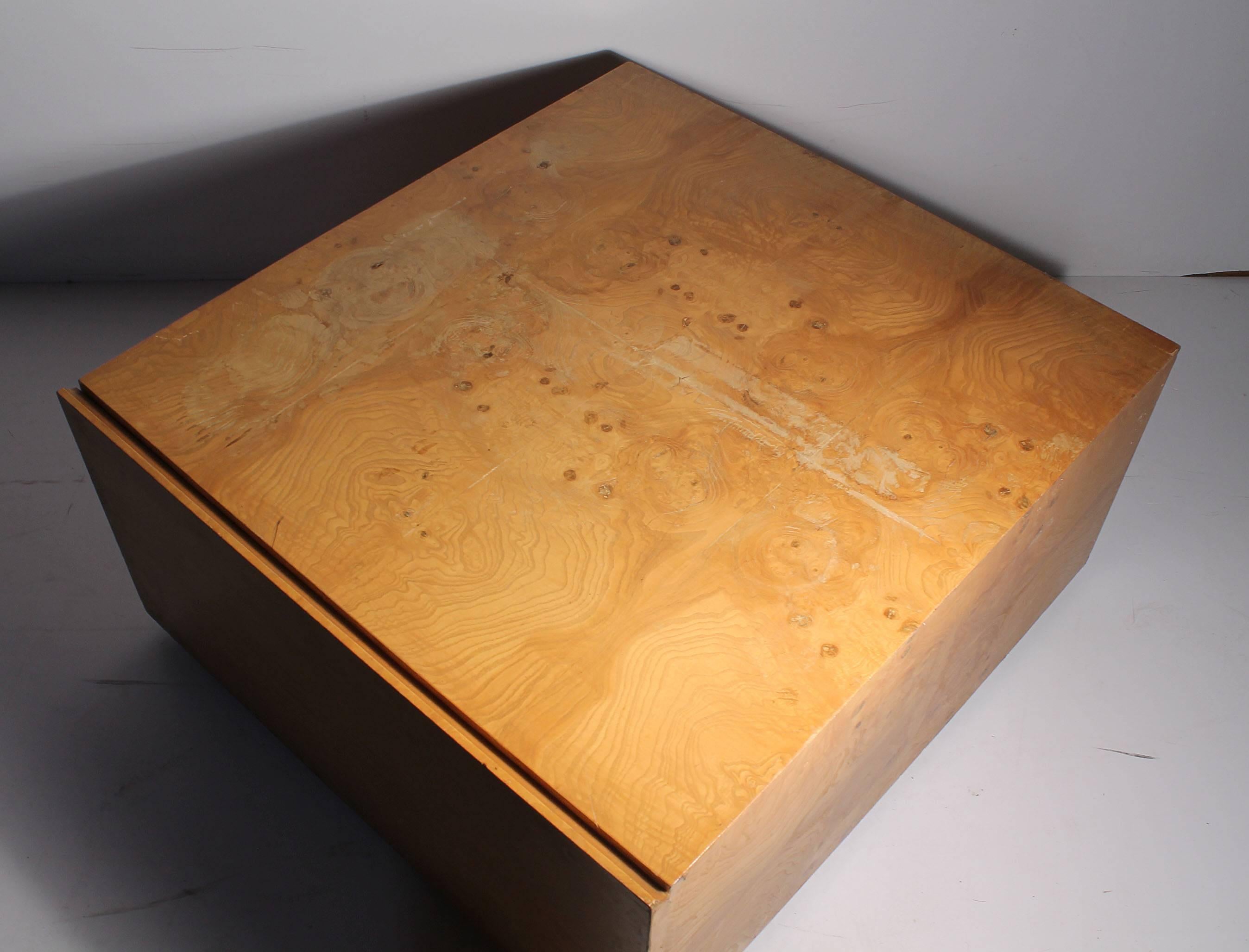 American Floating Milo Baughman Burl Wood Coffee Table on Castors with Large Drawer / End