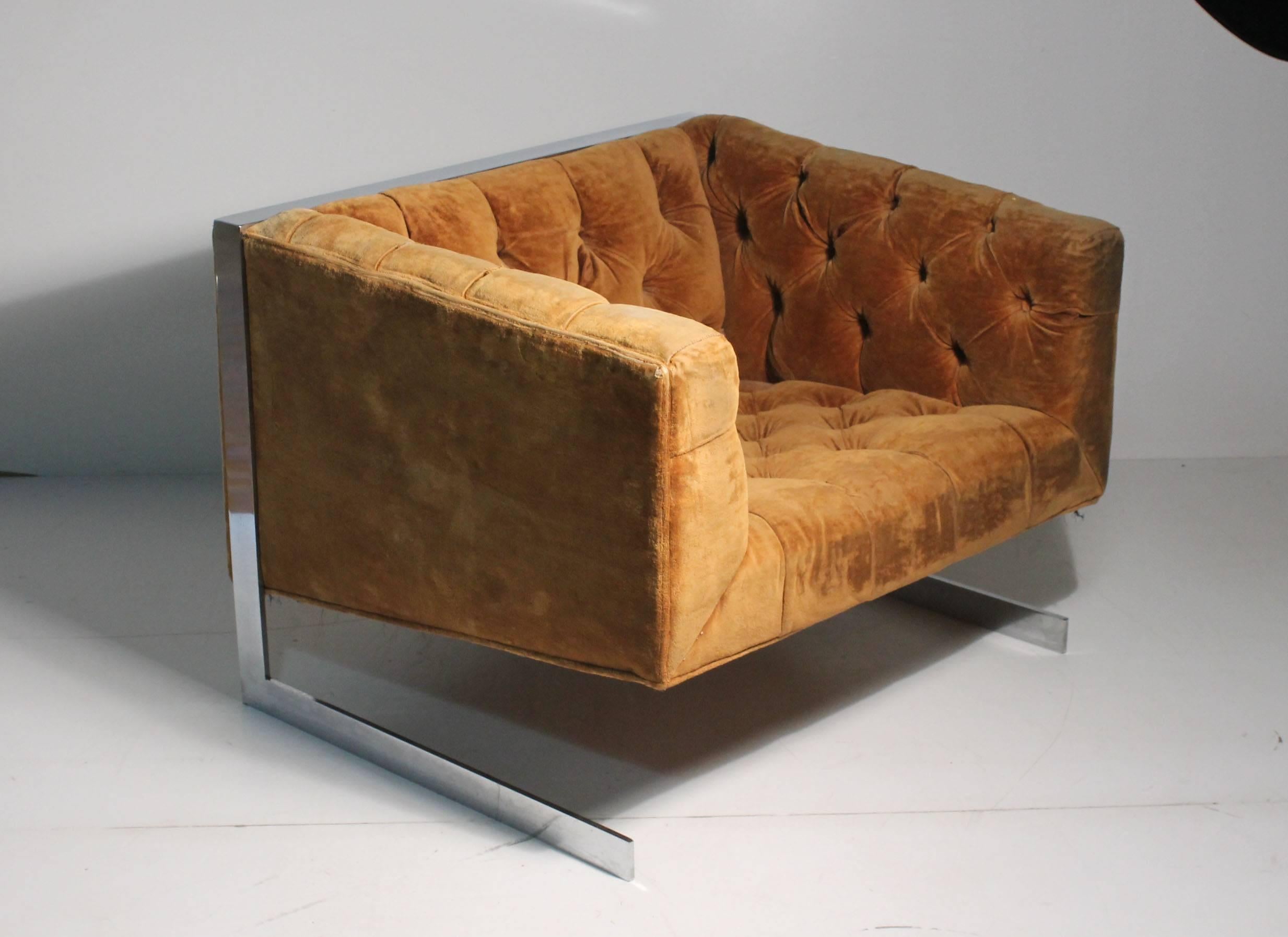Cantilever Lounge Chair attributed to Milo Baughman. 
One of the best forms in solid bar chromed steel.
