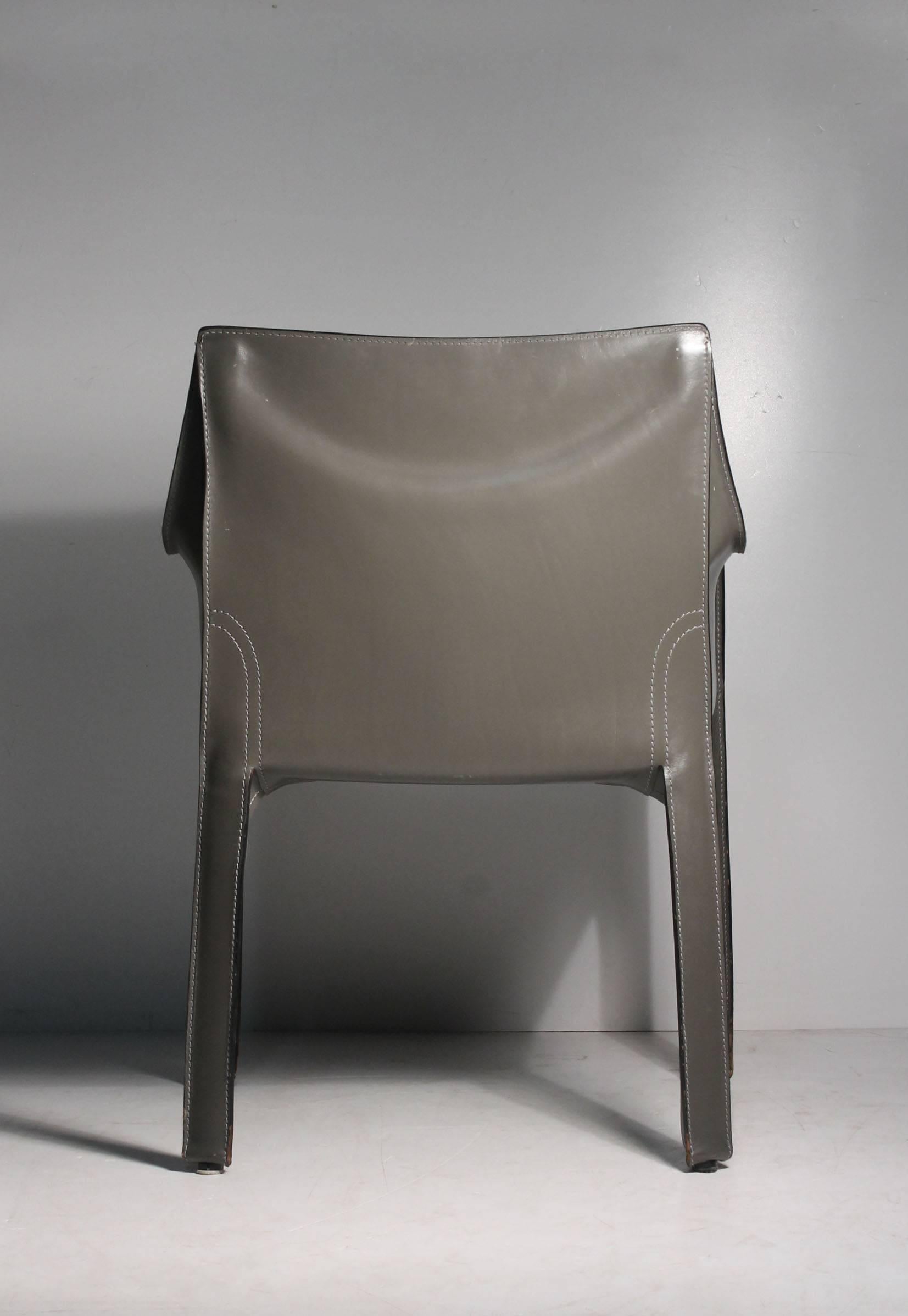 Mario Bellini Leather Cab Armchairs by Cassina Italy, Designer Color Warm Grey In Good Condition In Chicago, IL