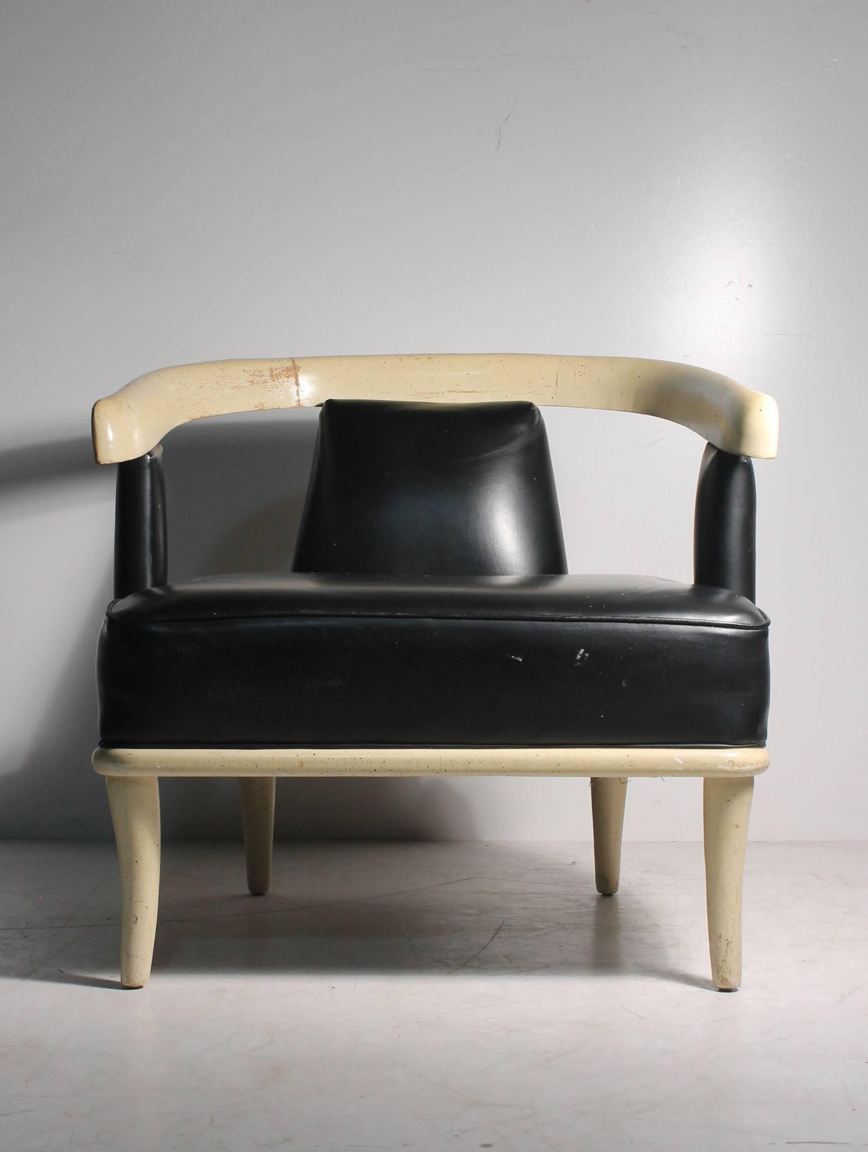 Nicely designed vintage chairs in the manner of Harvey Probber & James Mont.

Beautiful wave-like design to the armrests.

These show plenty of wear to the finish on the wood. They will need to be refinished or repainted. Black Vinyl appears to