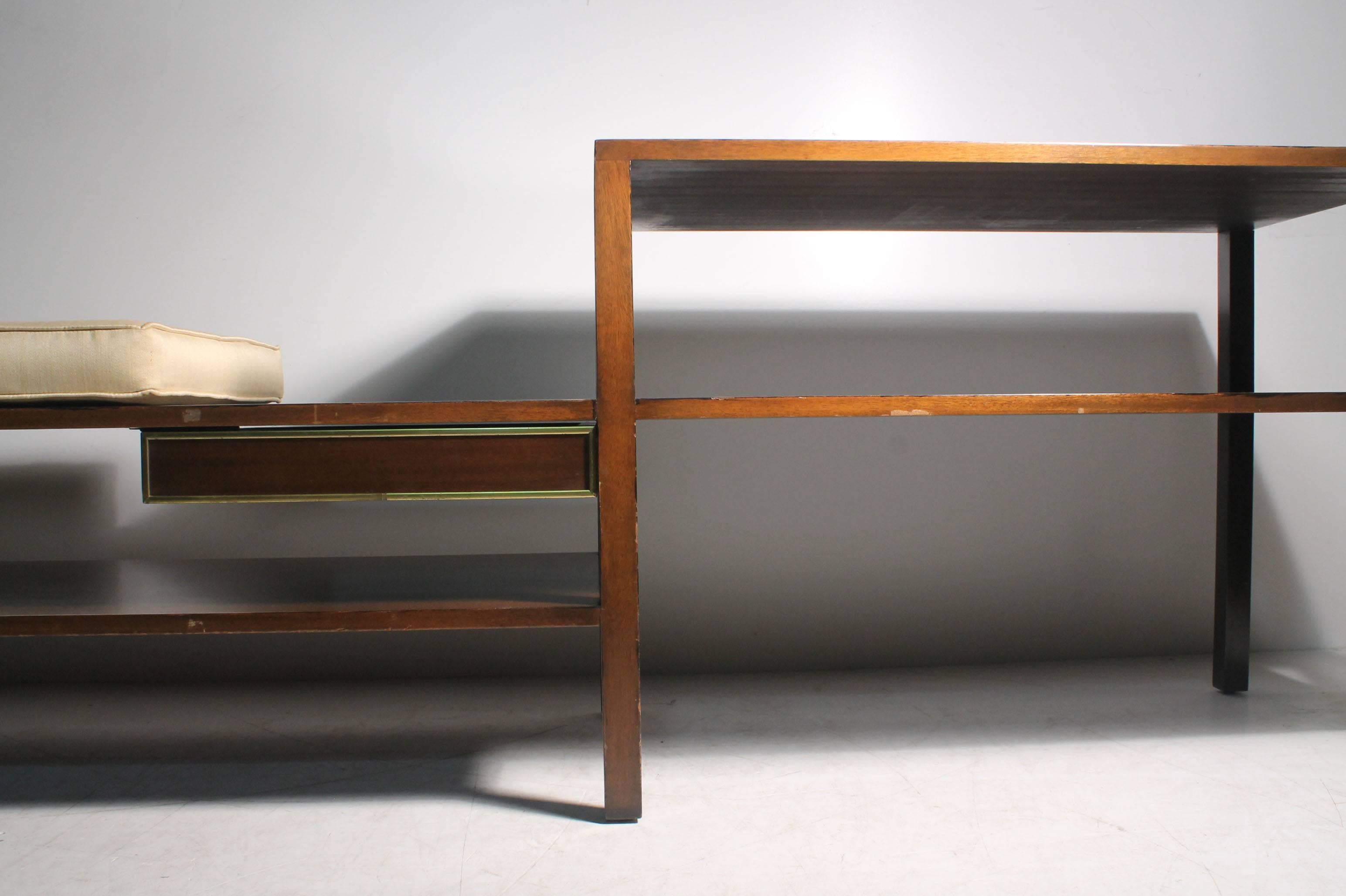Elegant architectural Harvey Probber bench etagere. Very thoughtful in all of the proportions and placements of forms. A fine example of Harvey Probber work. Probber craftsmanship is that of Dunbar and he worked in the same vein as Edward