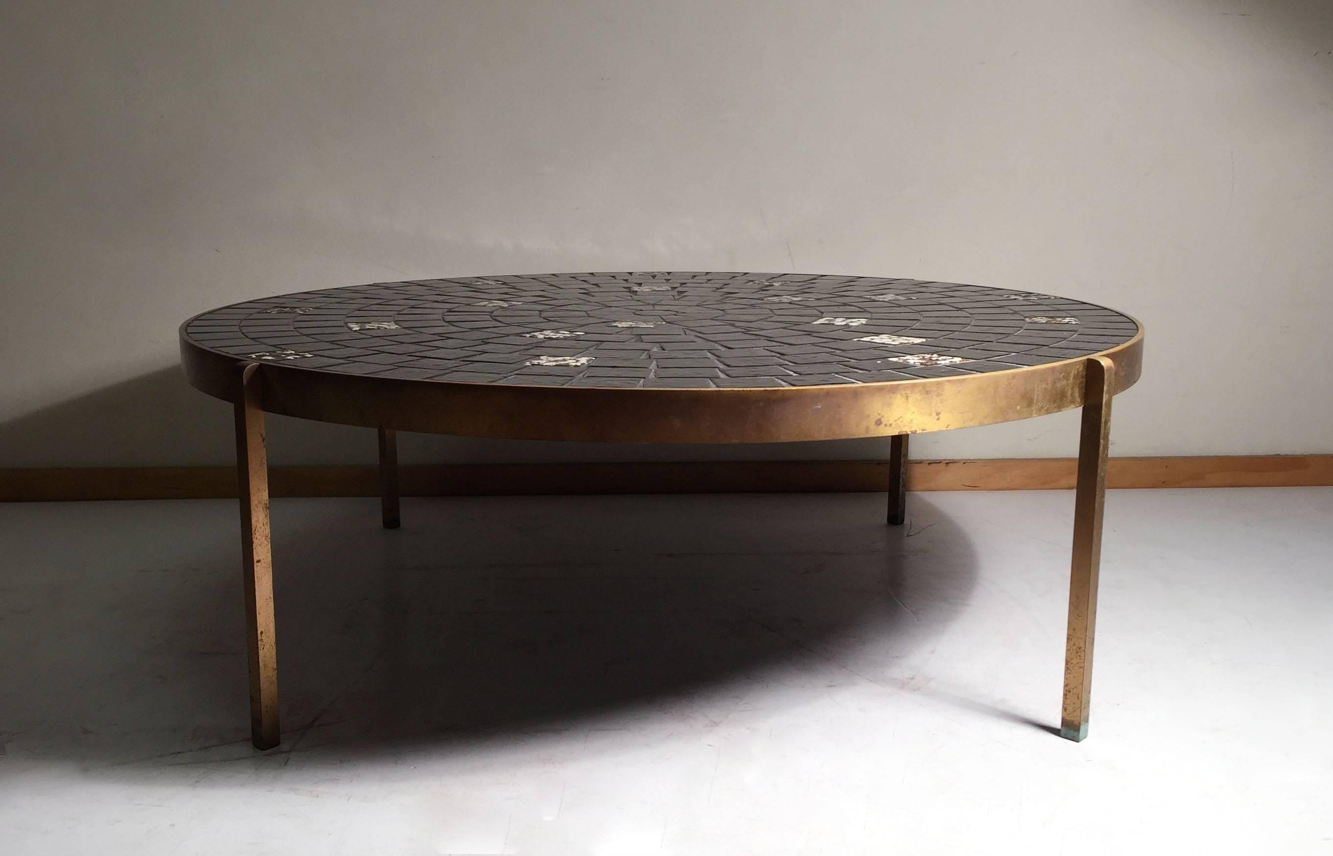 Vintage coffee table attributed to Mosaic House. Exceptionally high quality materials and construction. Solid bar brass with nice early patina. nicely glazed tiles. In the manner of Gordon and Marshall Martz , Paul McCobb and Edward Wormley for