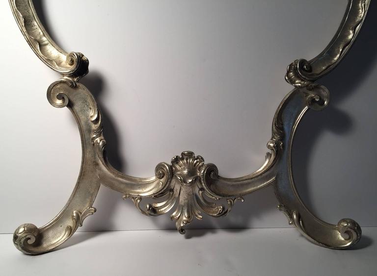 Hollywood Regency Large Italian Rococo Easel Back Table Mirror in Silver Metal For Sale at 1stdibs