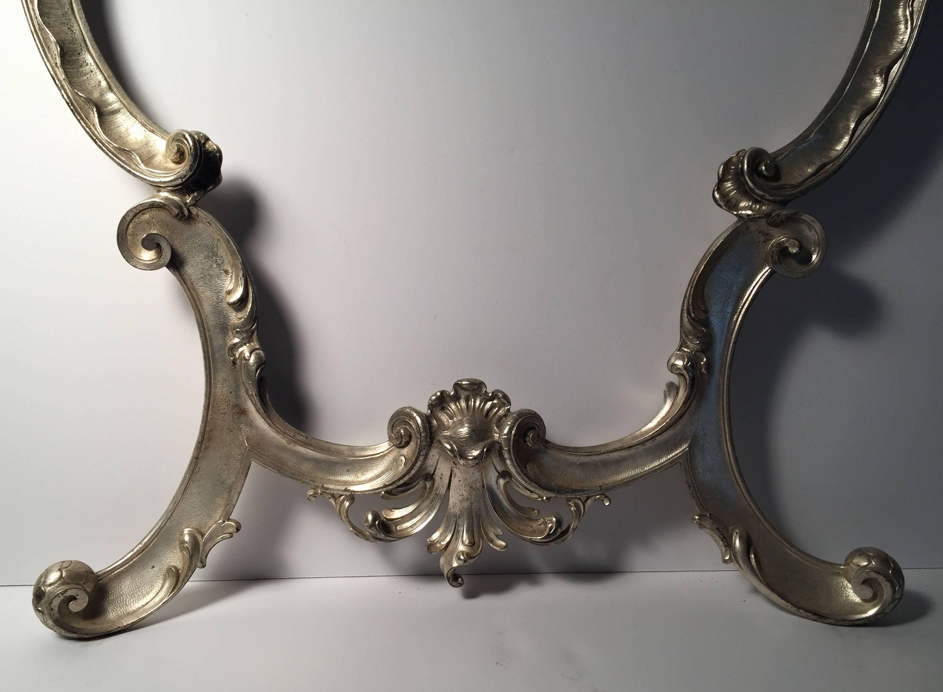 Hollywood Regency Large Italian Rococo Easel Back Table Mirror in Silver Metal In Good Condition For Sale In Chicago, IL