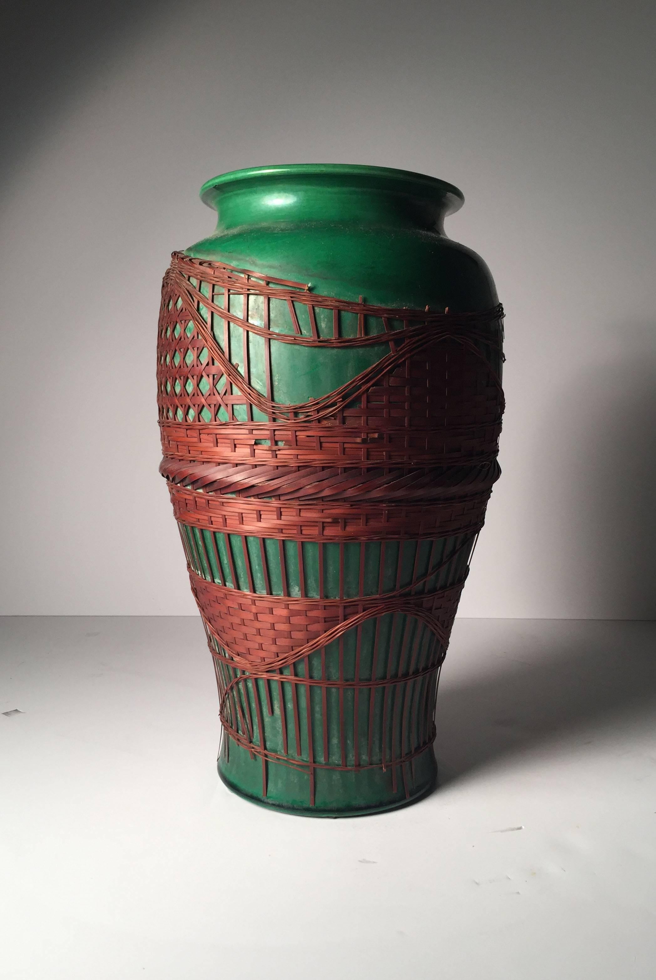 Nice size Awaji Japanese pottery form vase in green glaze. The weaving as shown is damaged in areas but as shown very beautiful. One could remove the weaving if so desired.