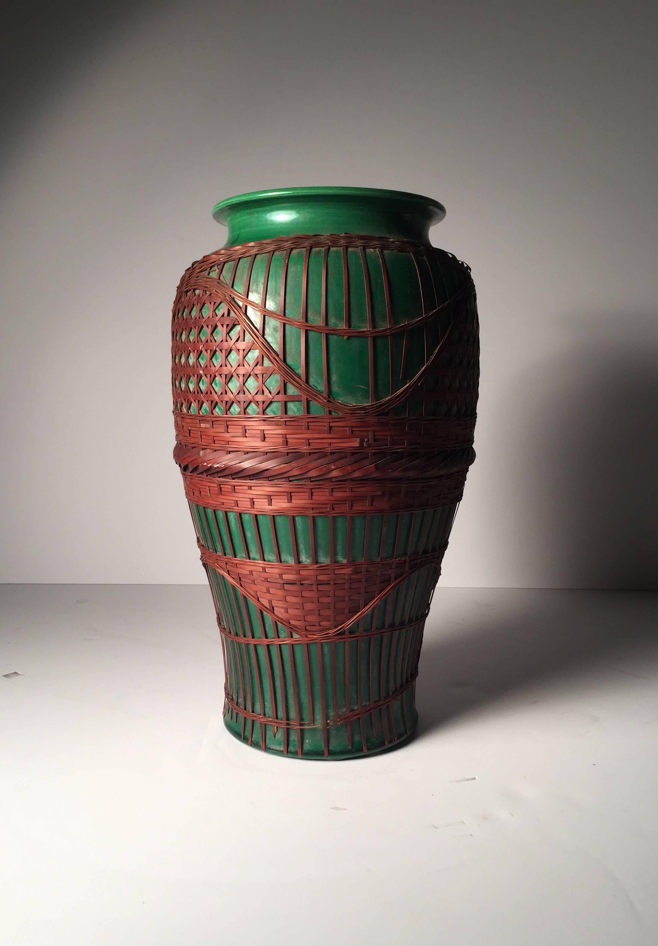 Large Awaji Art Nouveau Ceramic Form Vase with Bamboo Weaving Design In Good Condition In Chicago, IL