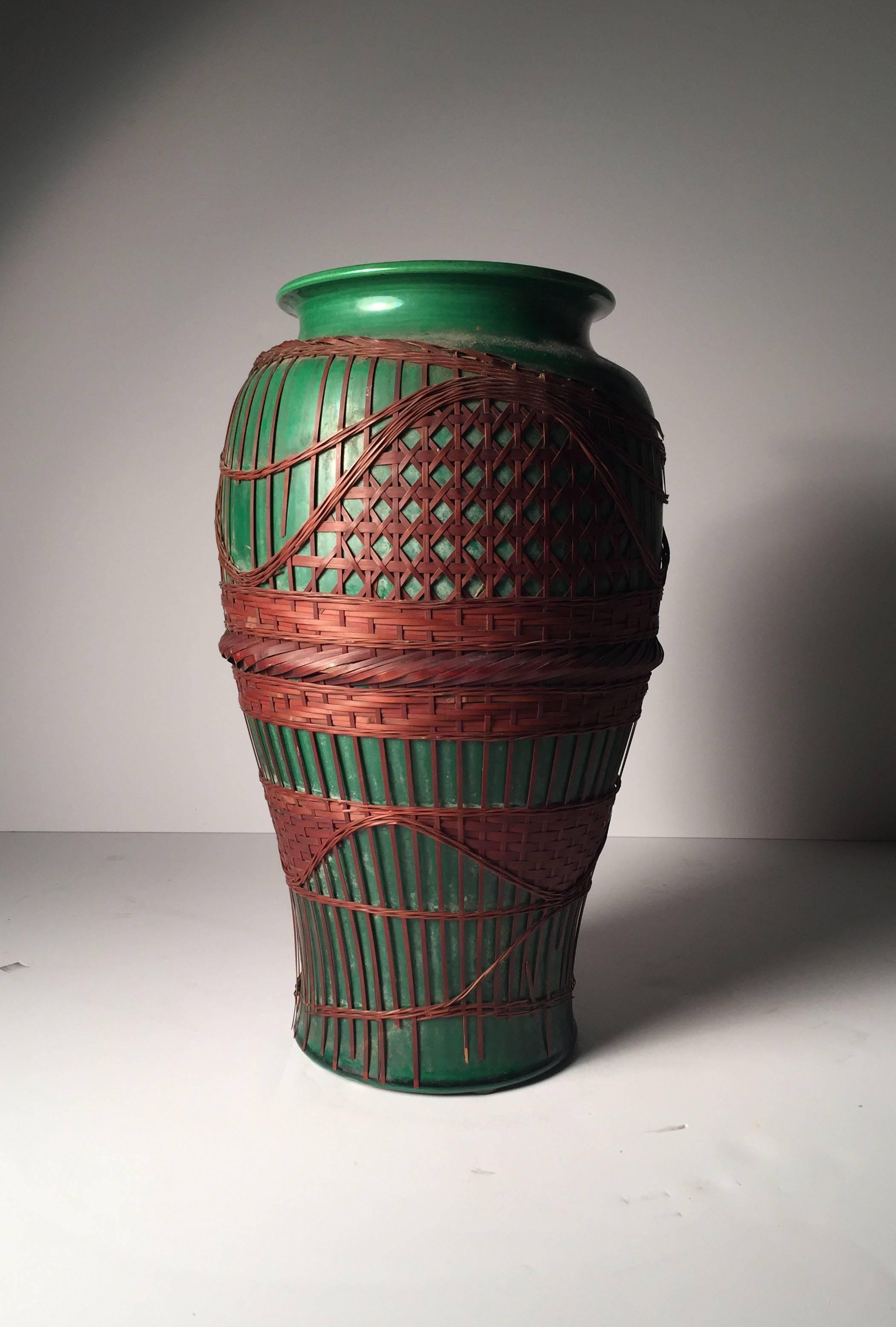 Japanese Large Awaji Art Nouveau Ceramic Form Vase with Bamboo Weaving Design