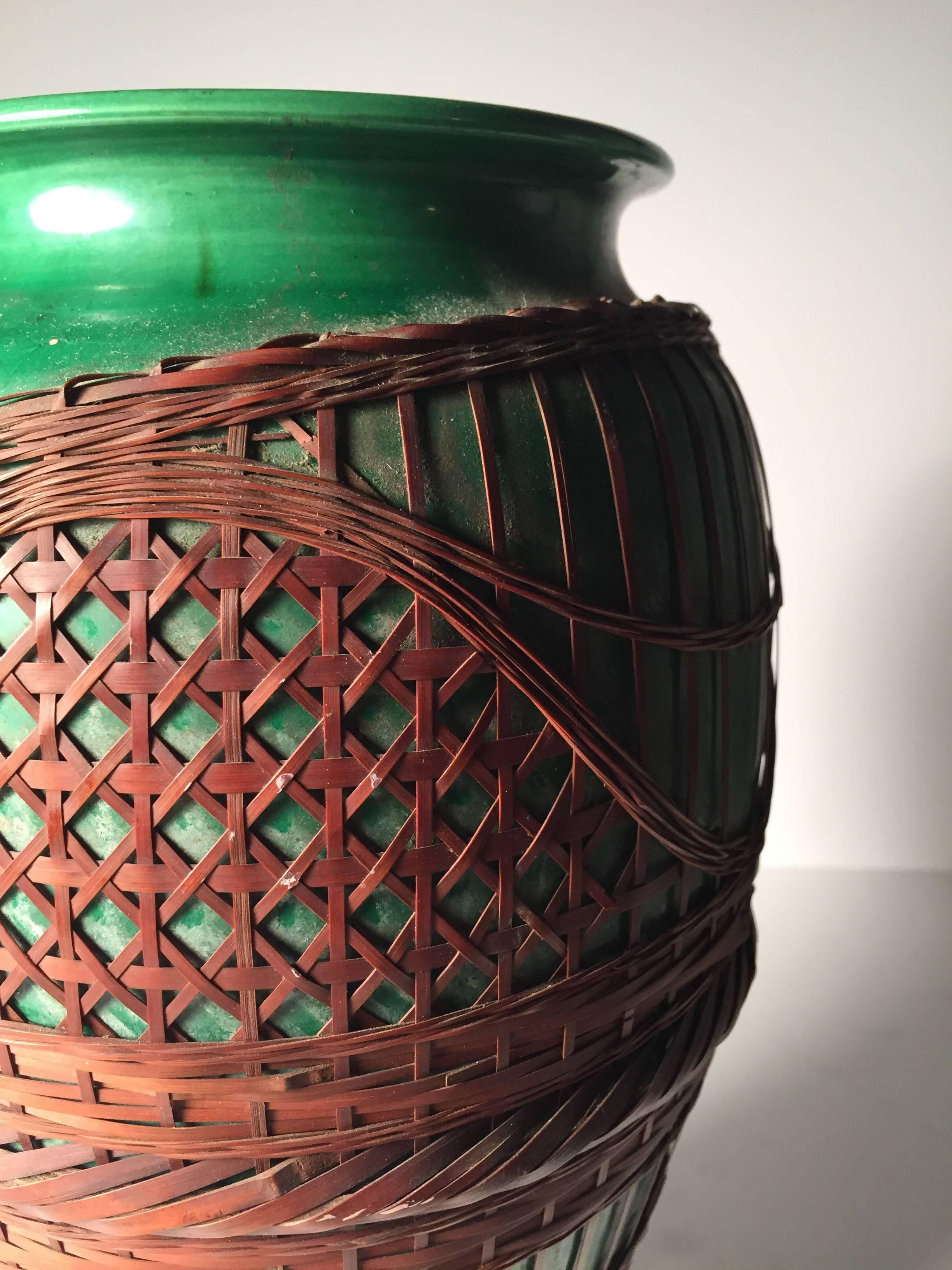 20th Century Large Awaji Art Nouveau Ceramic Form Vase with Bamboo Weaving Design