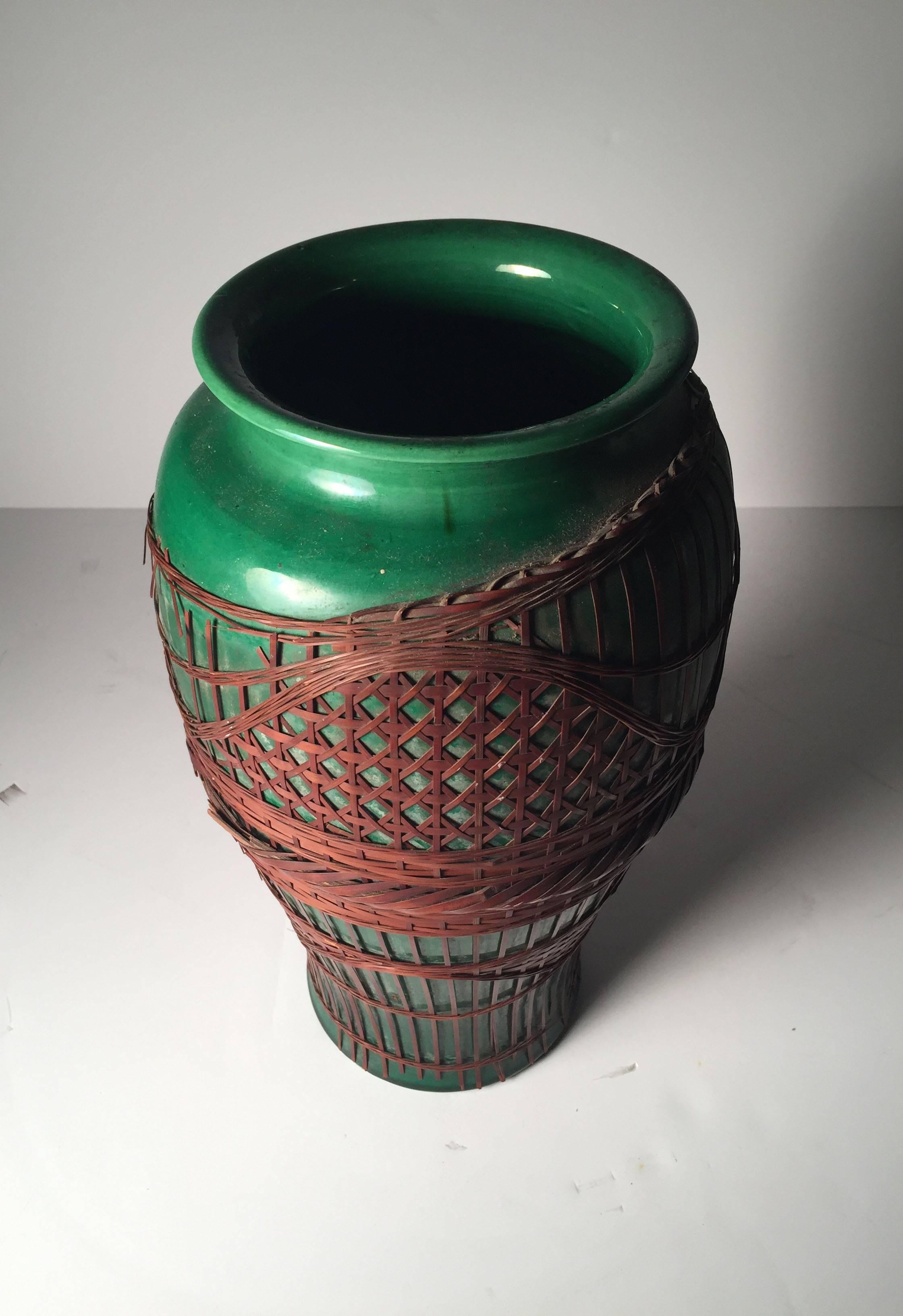 Large Awaji Art Nouveau Ceramic Form Vase with Bamboo Weaving Design 1