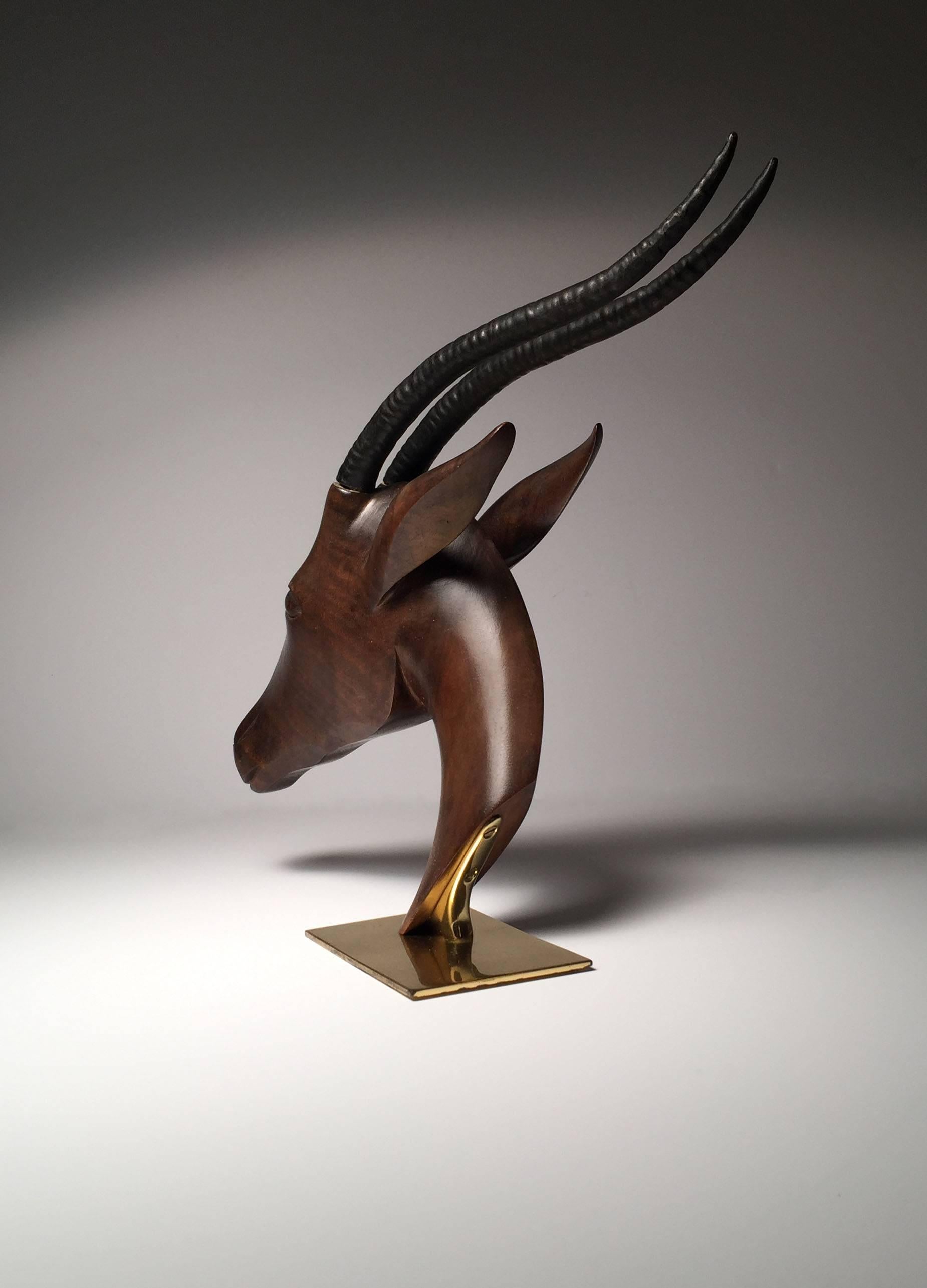 Austrian Large Hagenauer Gazelle Wood and Bronze Sculpture