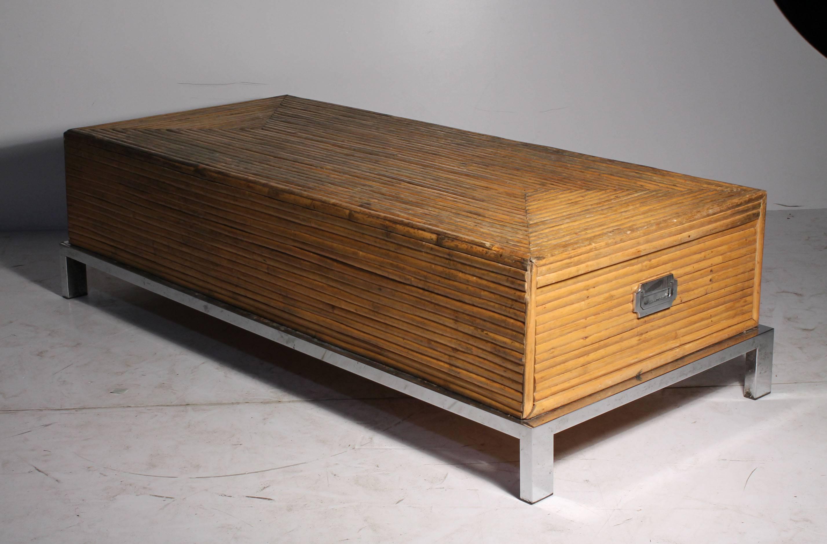 1970's Milo Baughman bamboo wrapped coffee table with 2 Drawers for Thayer Coggin, circa 1970's. Beautiful and playful use in using Bamboo as a texture in geometric patterns.  A rare series to find for Thayer Coggin.