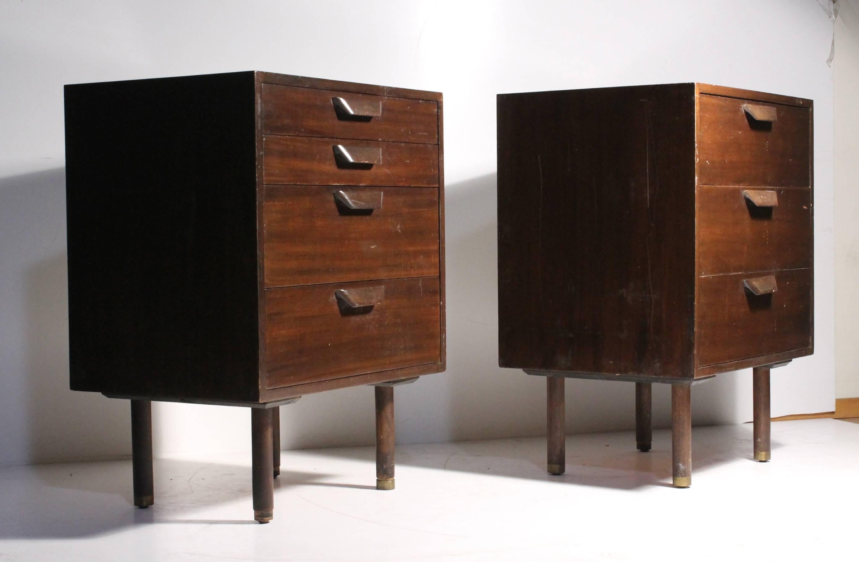 Pair of Harvey Probber Chest of Drawers or Nightstands.
Elegant crafted wood visor handles. Brass caps on feet.