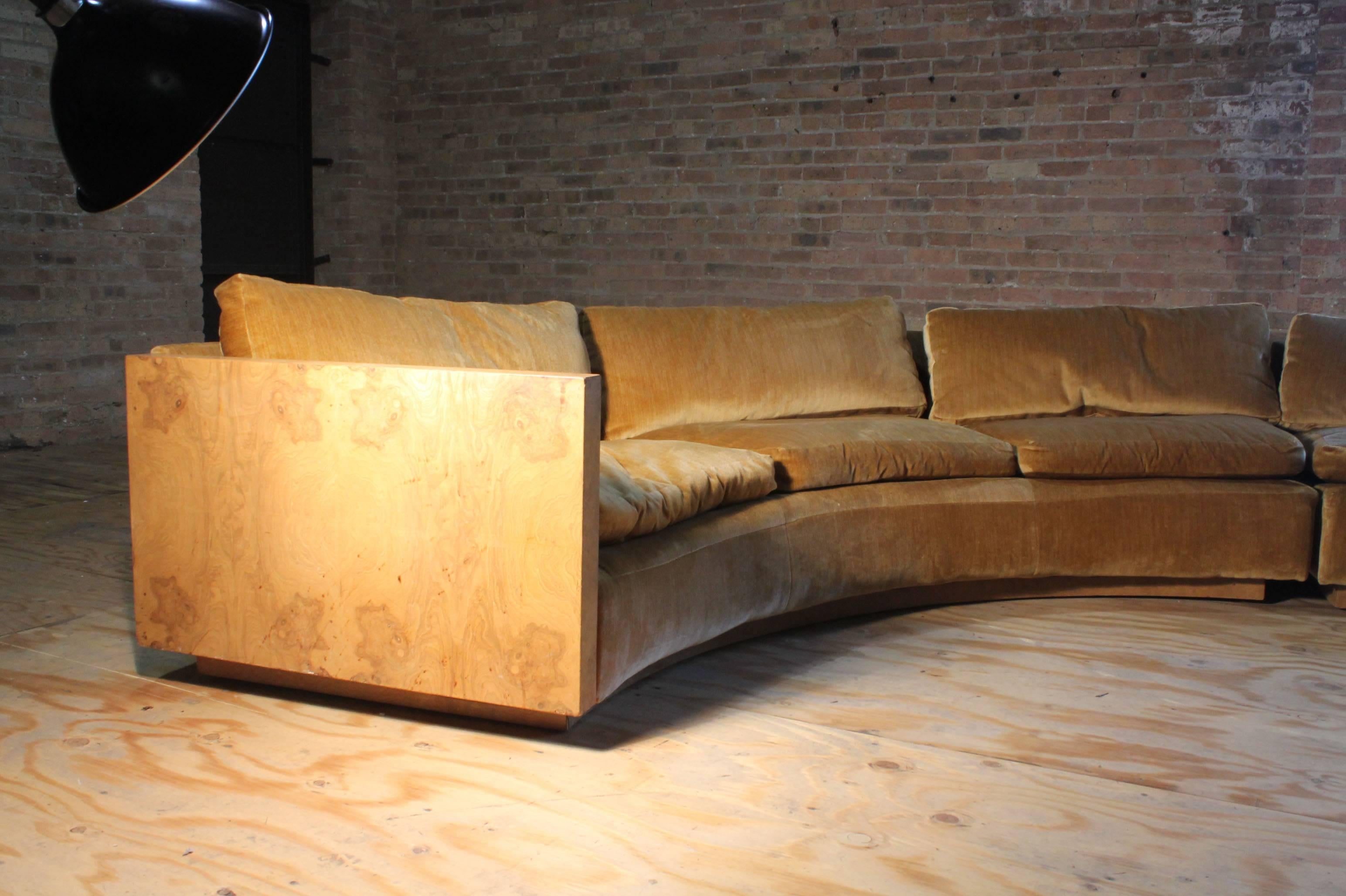 American Vintage Milo Baughman Burled Curve Circle Sofa and Coffee Table