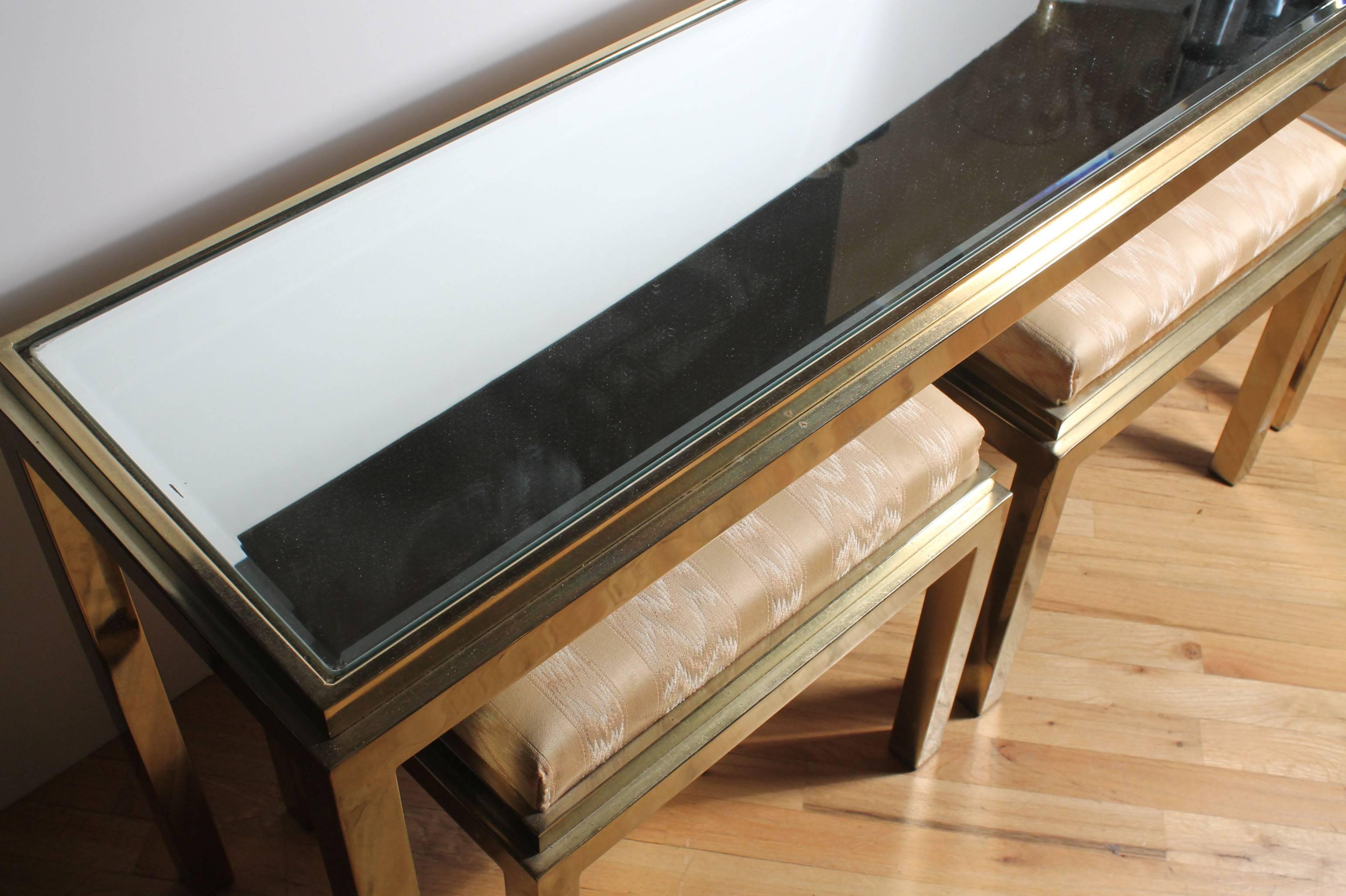 Brass Console Sofa Table with Matching Stools in Style of Milo Baughman In Good Condition In Chicago, IL