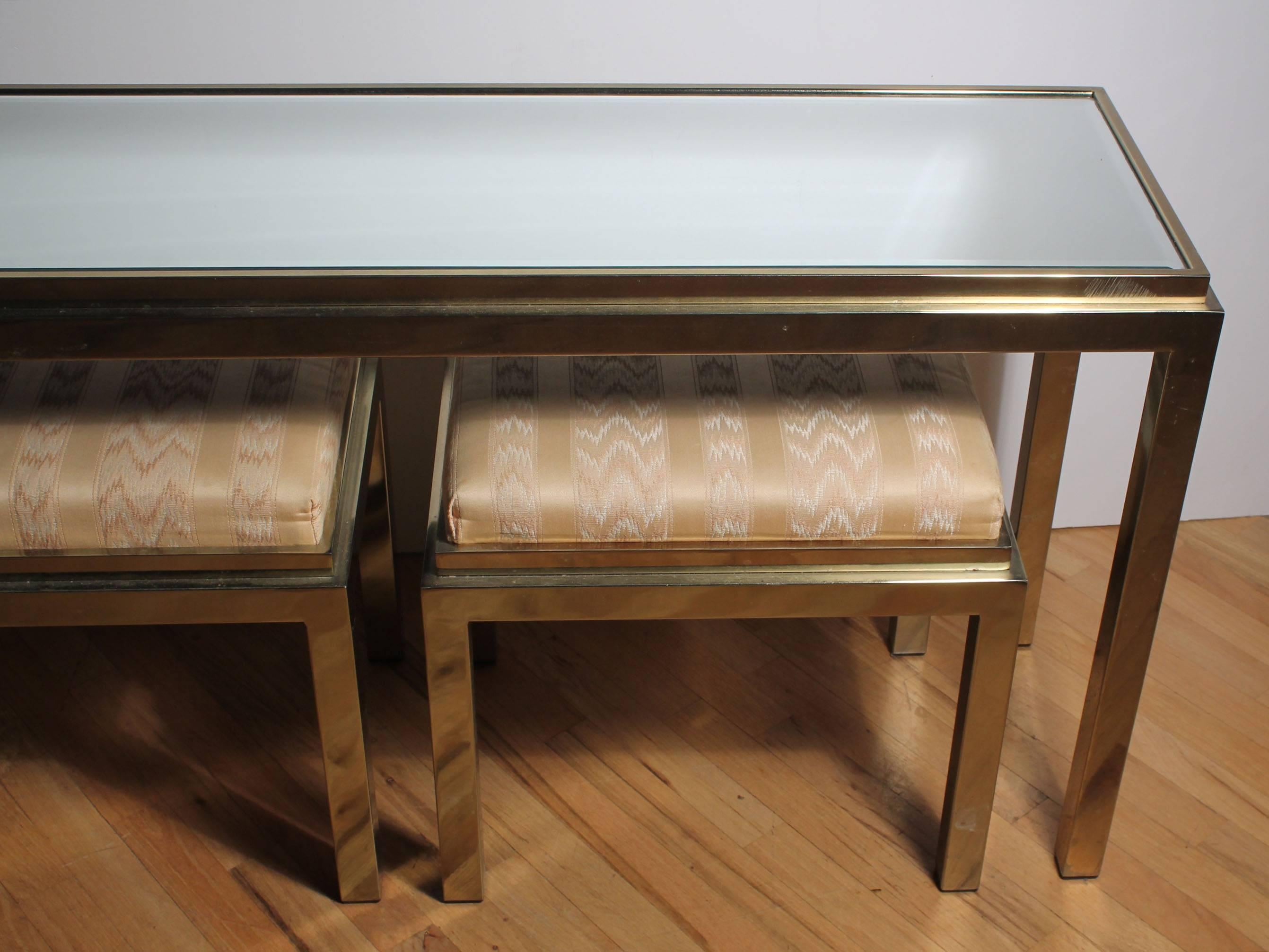 Mid-Century Modern Brass Console Sofa Table with Matching Stools in Style of Milo Baughman