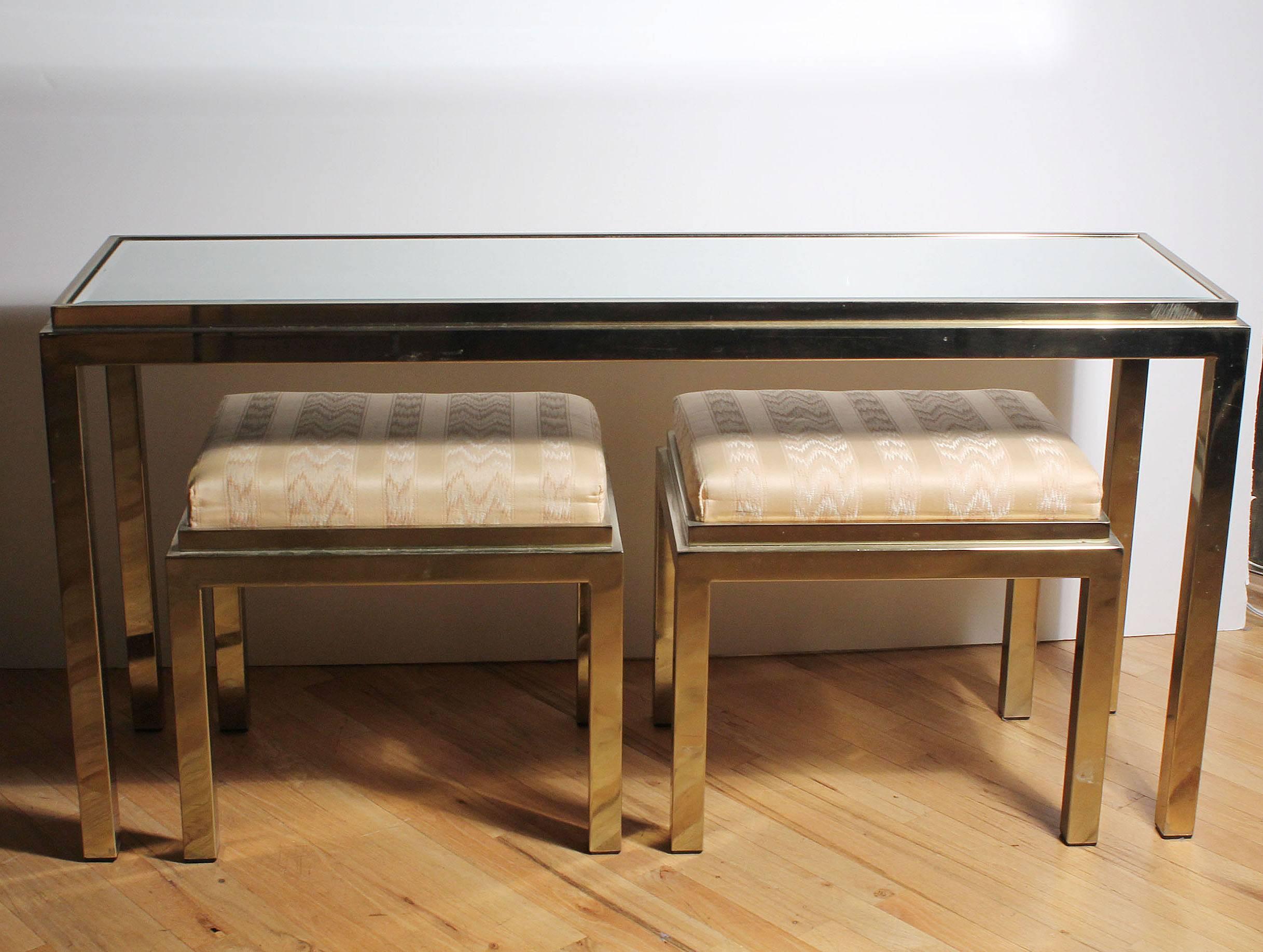 Brass Console Sofa Table with Matching Stools in Style of Milo Baughman 4