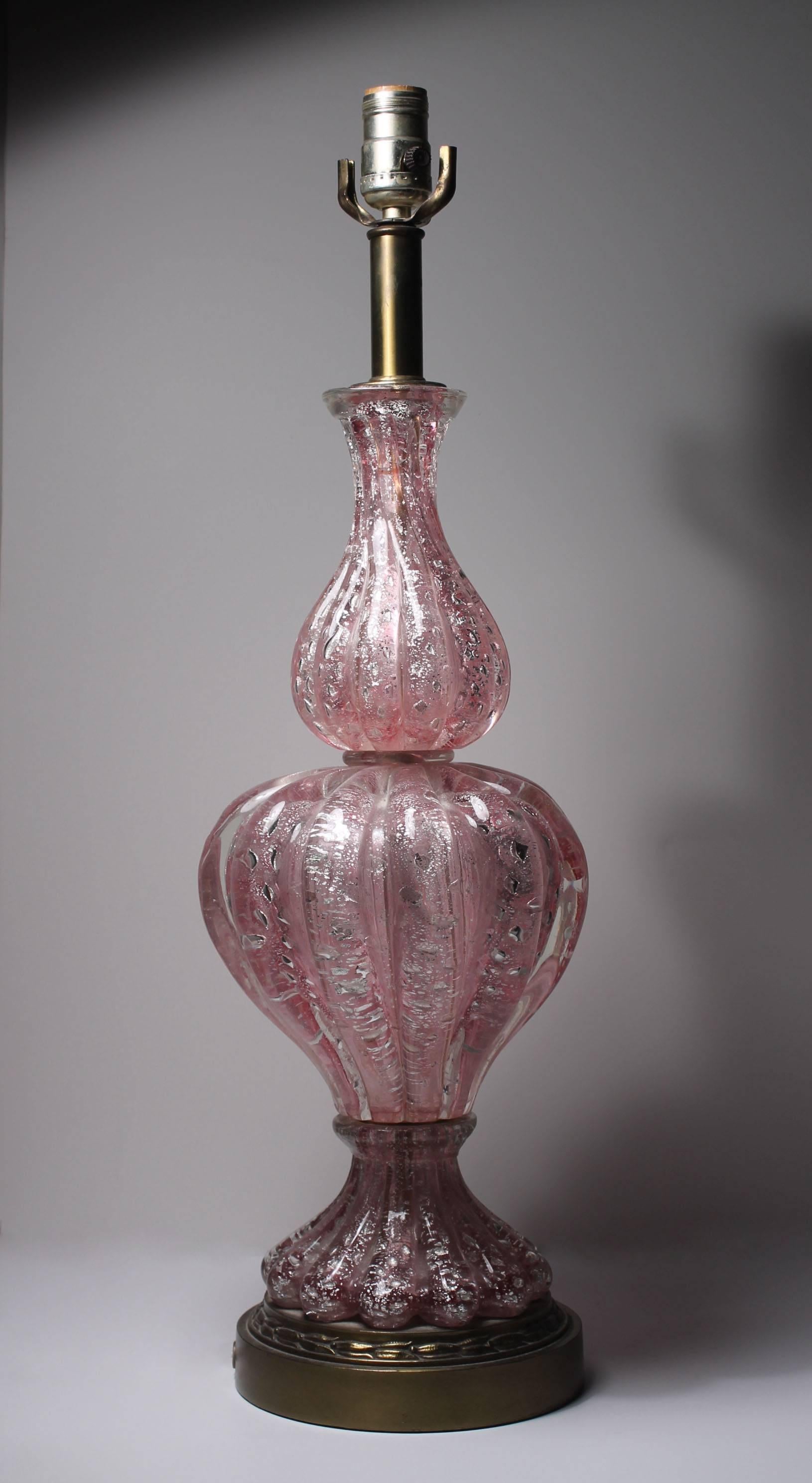 Mid-Century Modern Pair of Vintage Pink Murano Glass Lamps with Silver Foil by Barovier For Sale