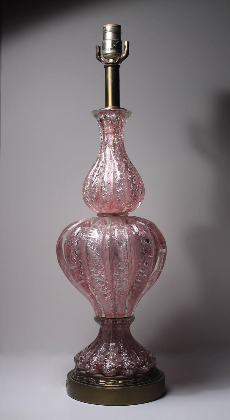 Pair of Vintage Pink Murano Glass Lamps with Silver Foil by Barovier