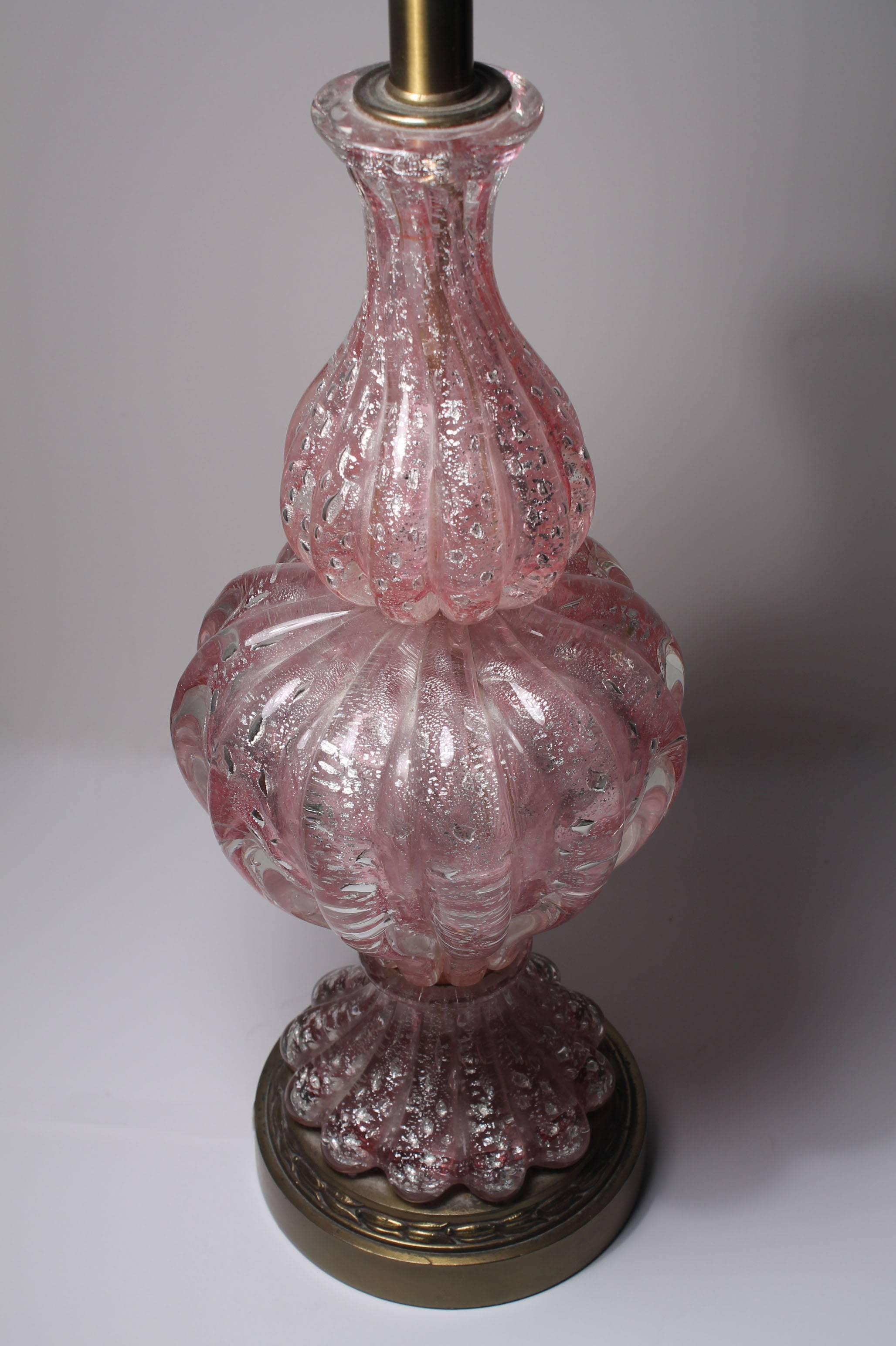 Italian Pair of Vintage Pink Murano Glass Lamps with Silver Foil by Barovier For Sale