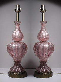Pair of Vintage Pink Murano Glass Lamps with Silver Foil by Barovier