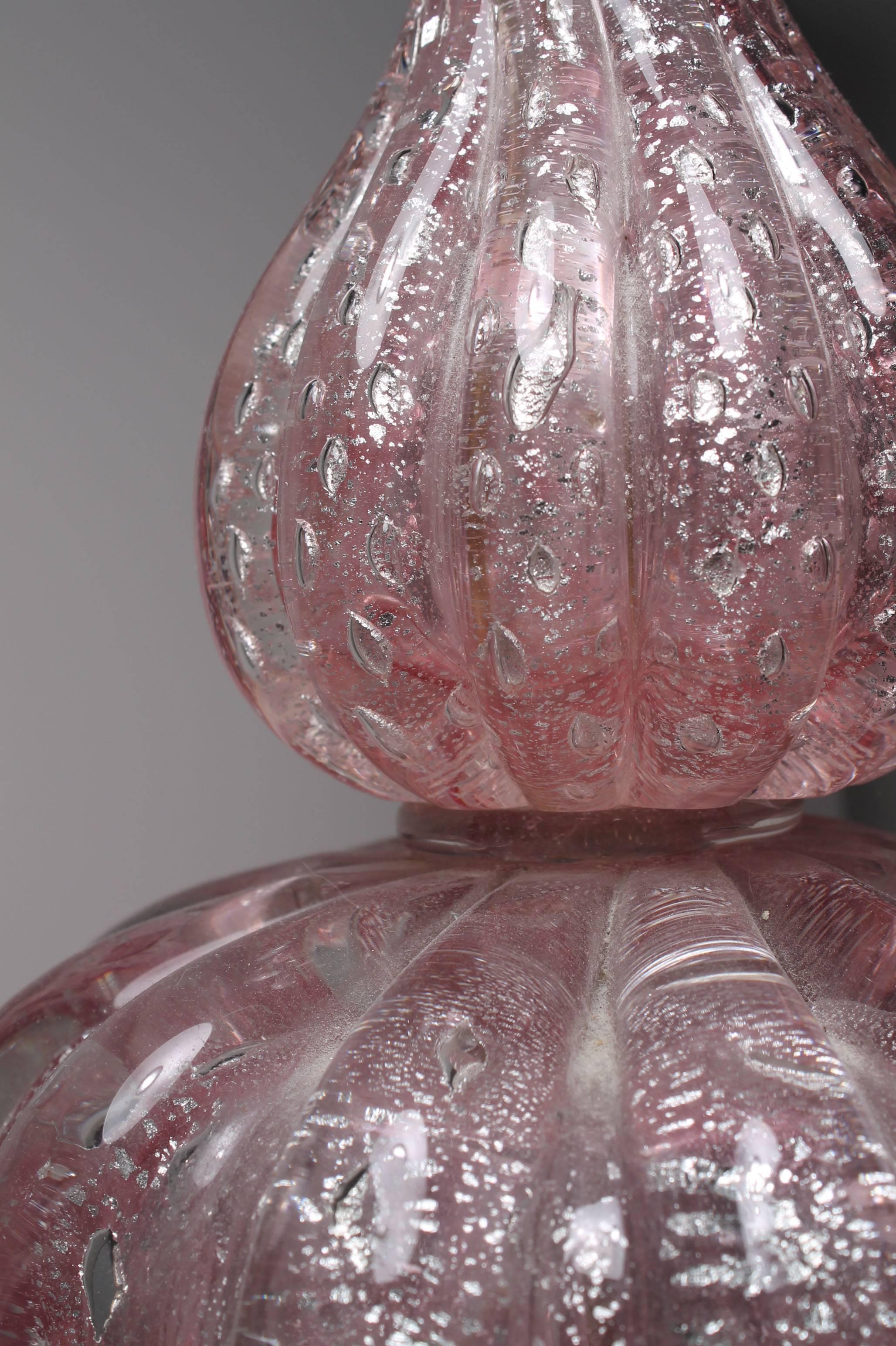 20th Century Pair of Vintage Pink Murano Glass Lamps with Silver Foil by Barovier For Sale