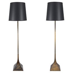 Paire de lampadaires vintage en laurier à la patine dorée