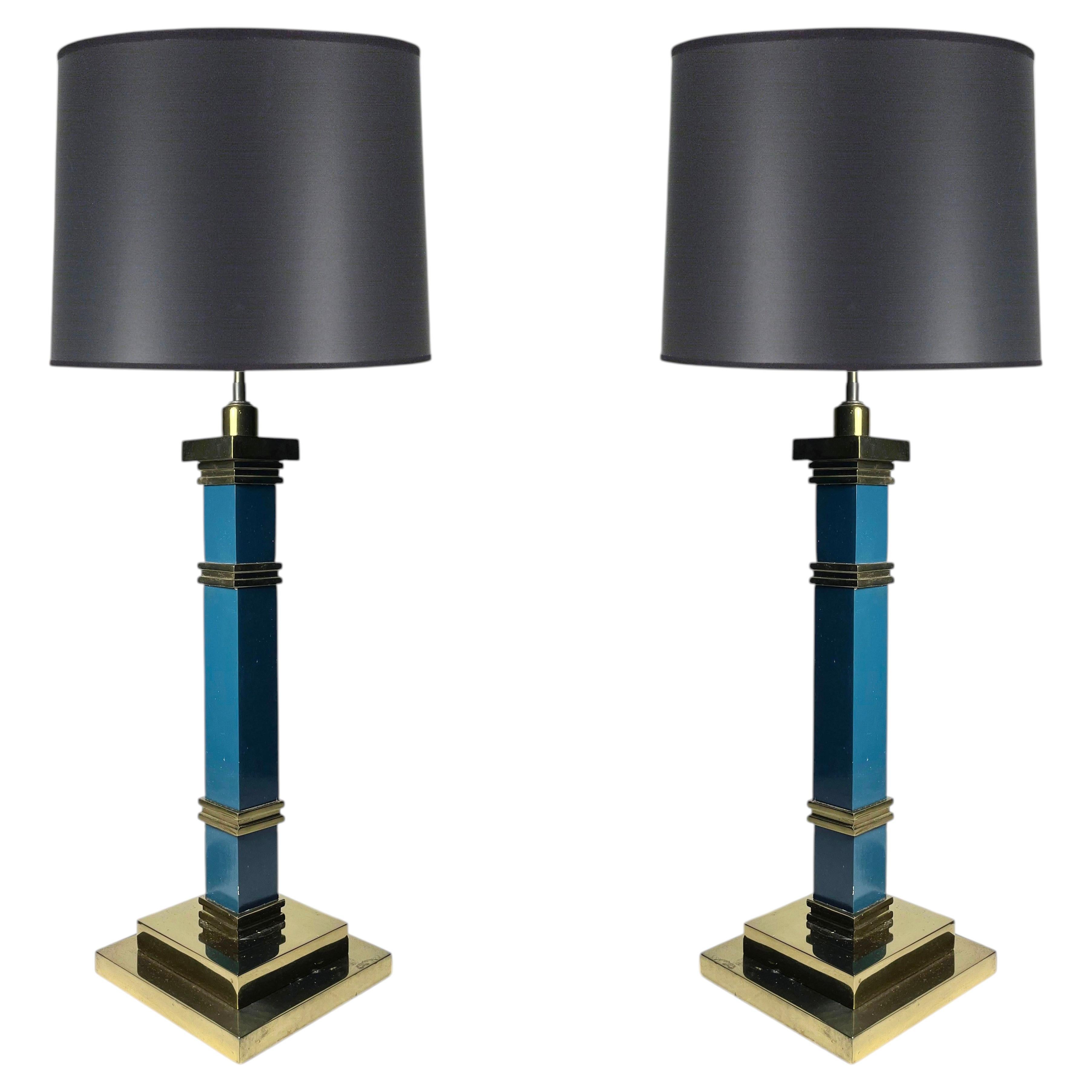Pair of Architectural Designer Brass & Wood Candlestick Table Lamps For Sale