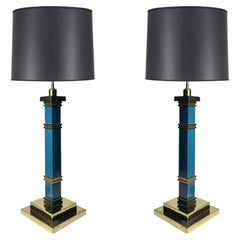 Pair of Architectural Designer Brass & Wood Candlestick Table Lamps