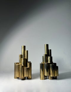 Gio Ponti Style Brass Tubular Pair of Candlesticks / Menorahs