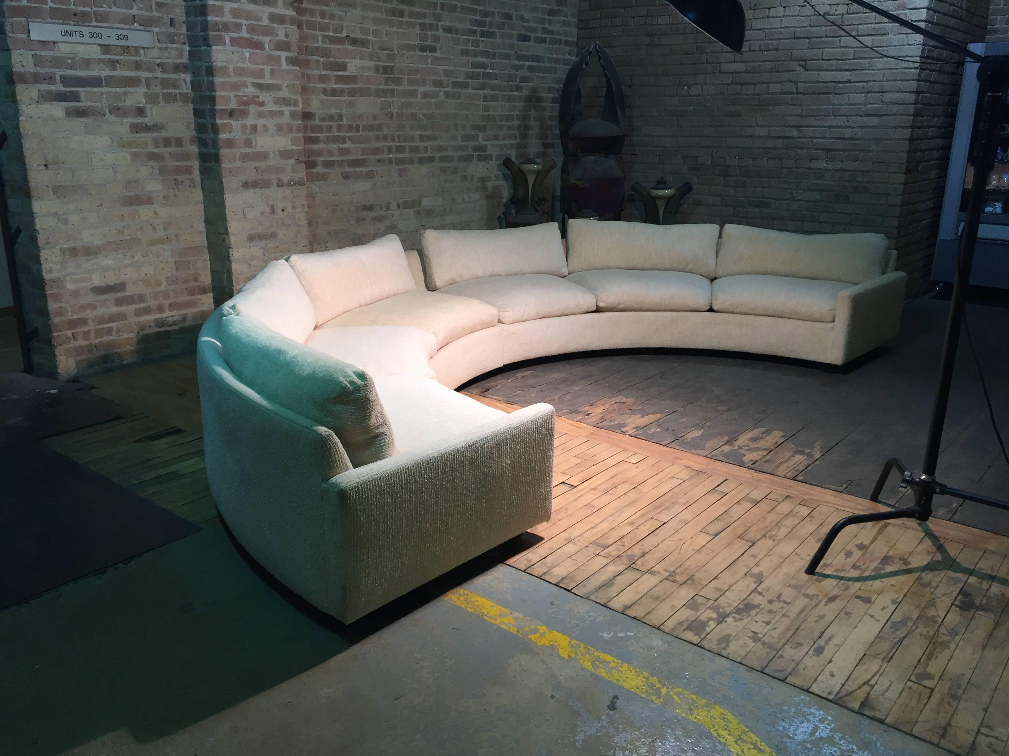 Signed vintage Milo Baughman Thayer Coggin semicircle curve sectional sofa. Dated production tag on underside to 1970s. Condition of fabric is still very nice but a bit stiff. Possibly reupholster or keep original. Some slight yellowing over time