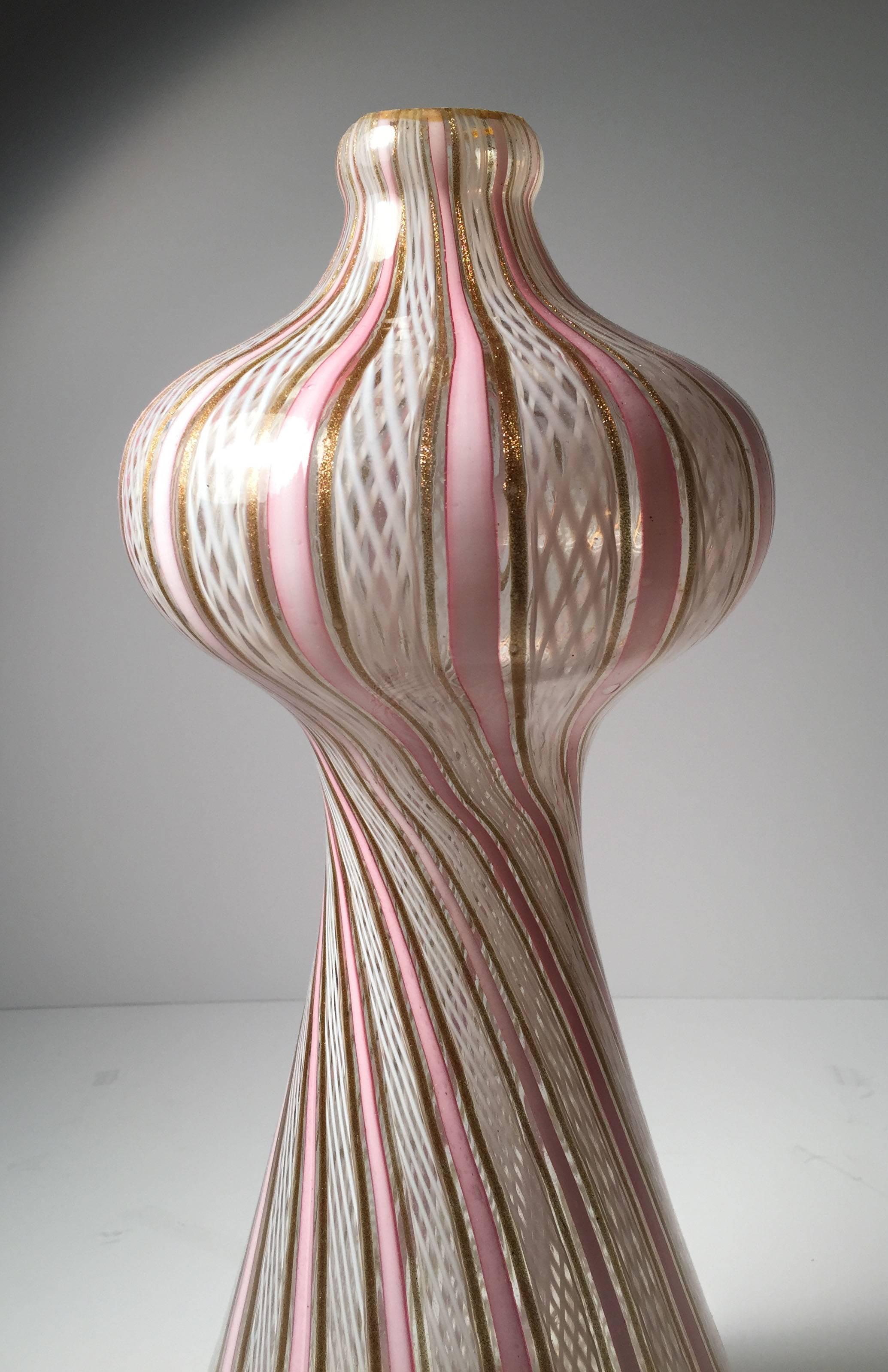 Mid-Century Modern Vintage Beautiful Pink and White Murano Latticino Glass Lamps