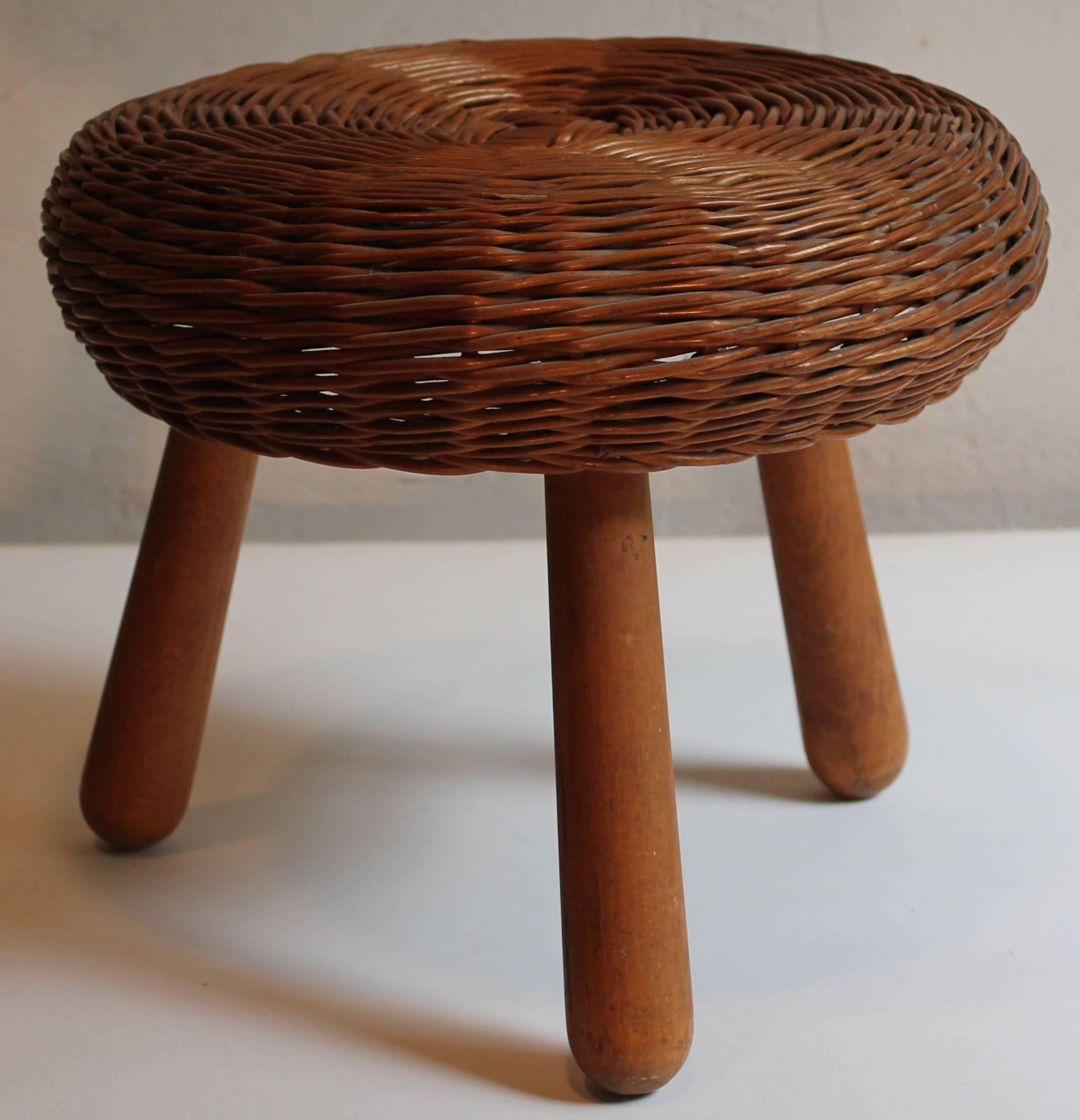 Mid-Century Modern Two Tony Paul Rattan and Wood Foot Stools